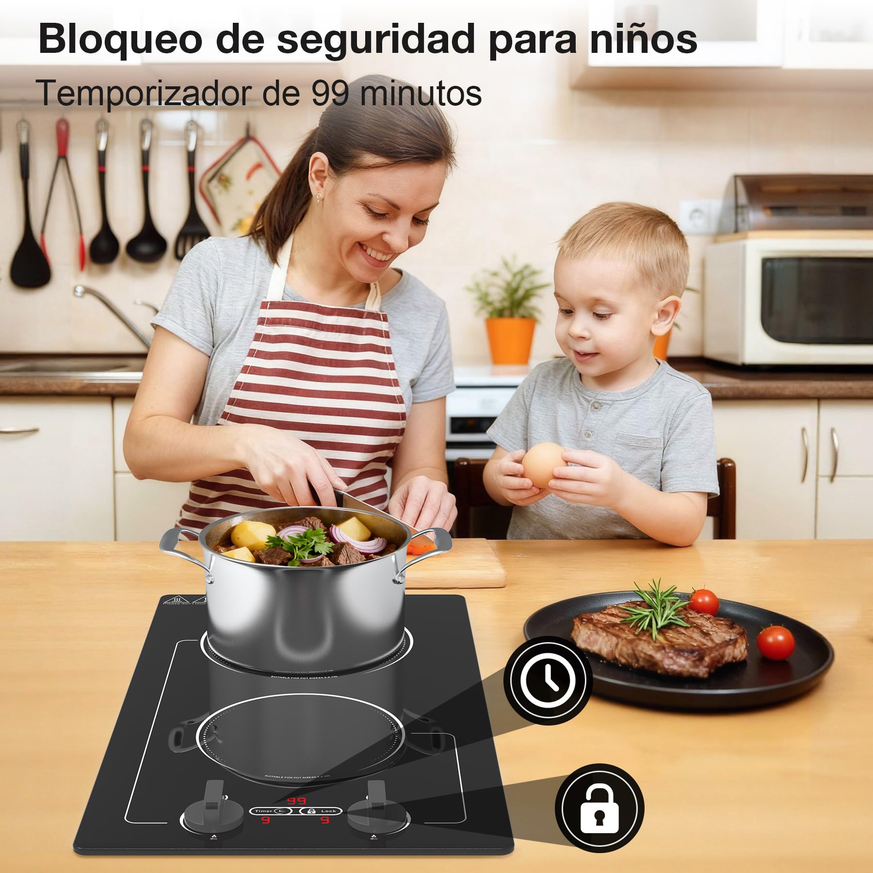 VBGK induccion 2 fuegos,220V 3000W placa induccion 2 fuegos con pantalla táctil LED, 10 niveles de potencia, bloqueo infantil y temporizador, protección contra sobrecalentamiento