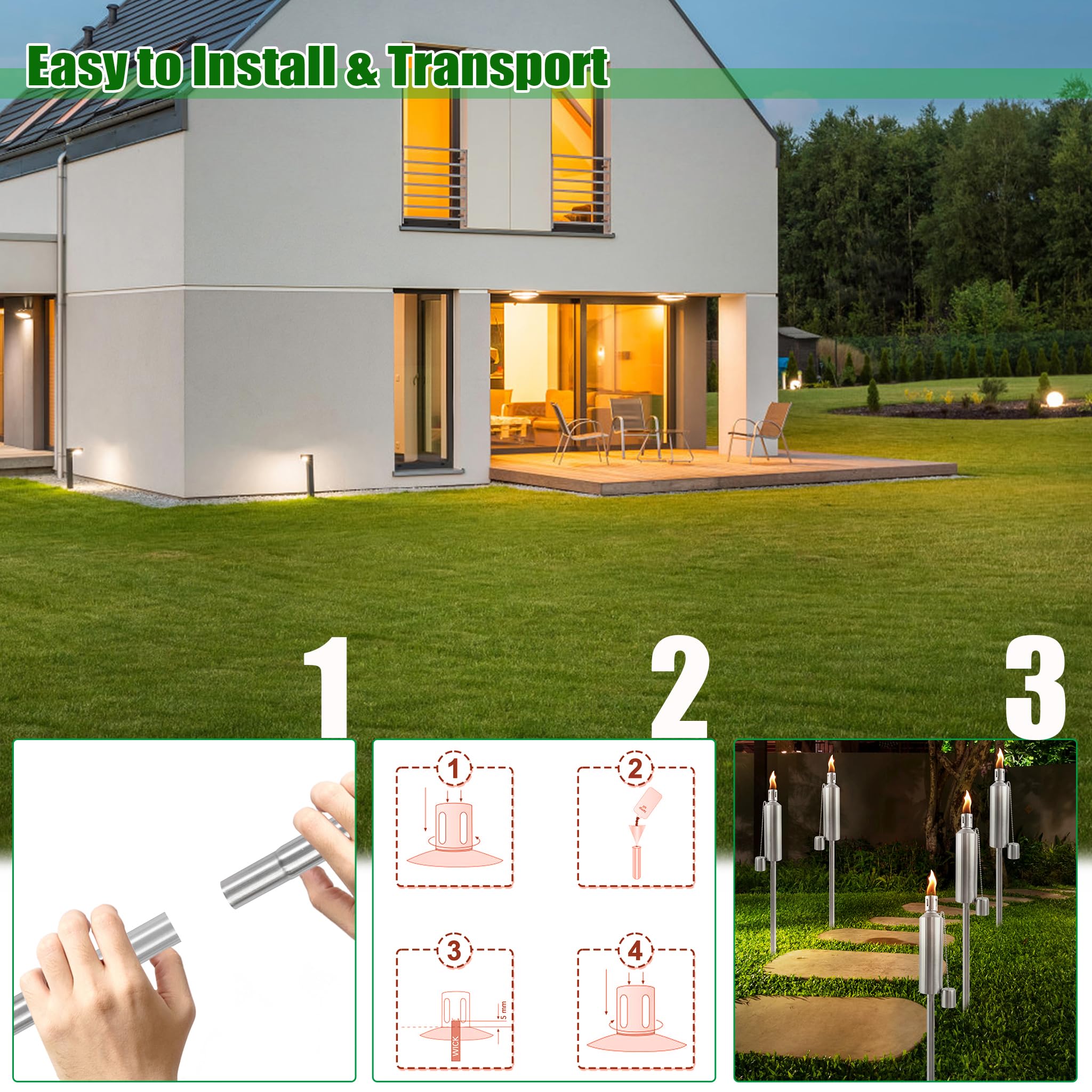 Edelstahl Gartenfackeln Öllampen Set Garten Fackeln für Draußen | Wanderung Handfackel mit 330ml Edelstahlbehälter, Dochte & Höhenverstellbar 55-115cm Griff, Öl Laternen Outdoor (6 Stück)