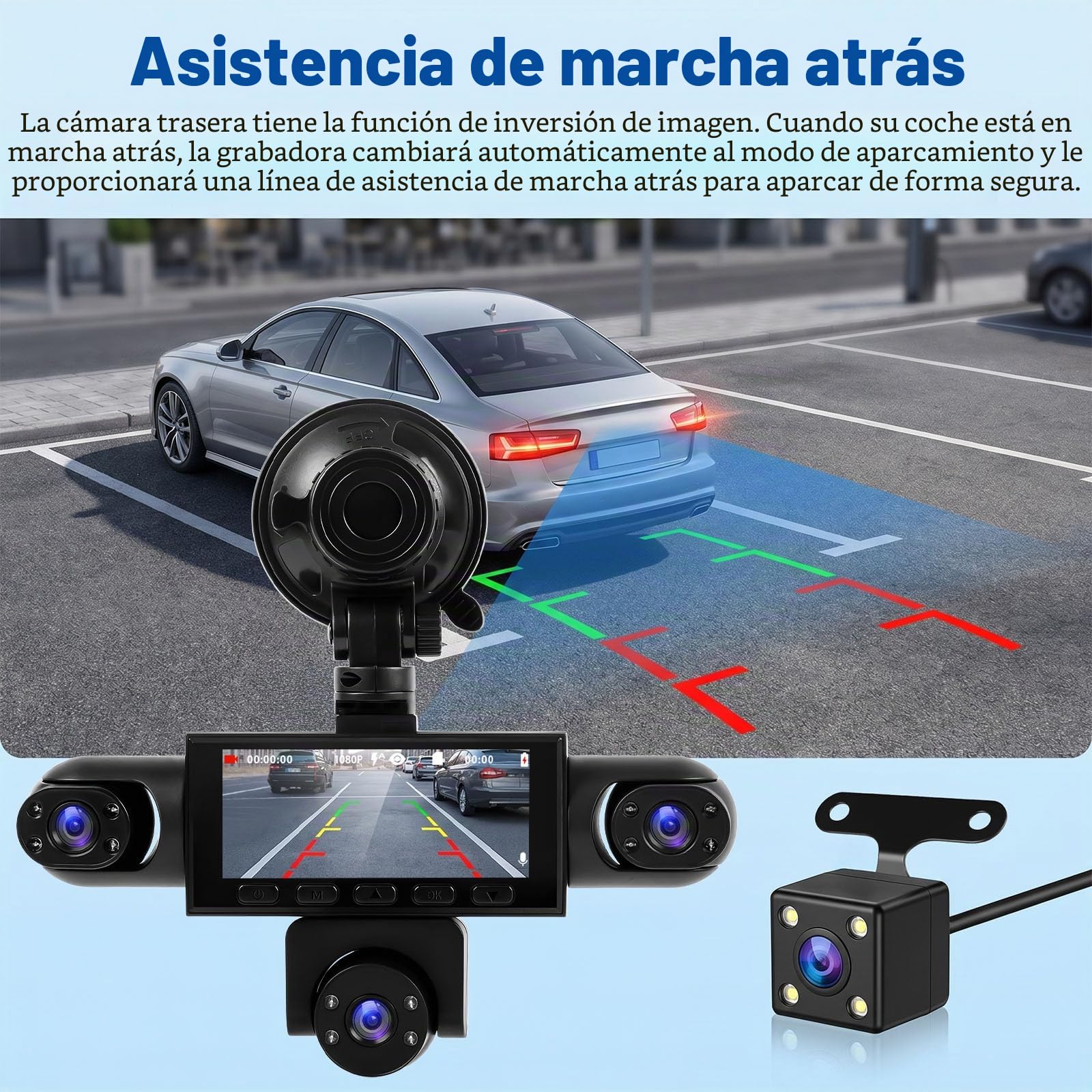 Cámara de Salpicadero 5 Canales para Coche Pantalla 3,16 Pulgadas Visión Envolvente 360 ​​Grados Full HD 1080p Monitorización Aparcamiento Detección Asistencia al Dar Marcha Atrás Grabación en Bucle