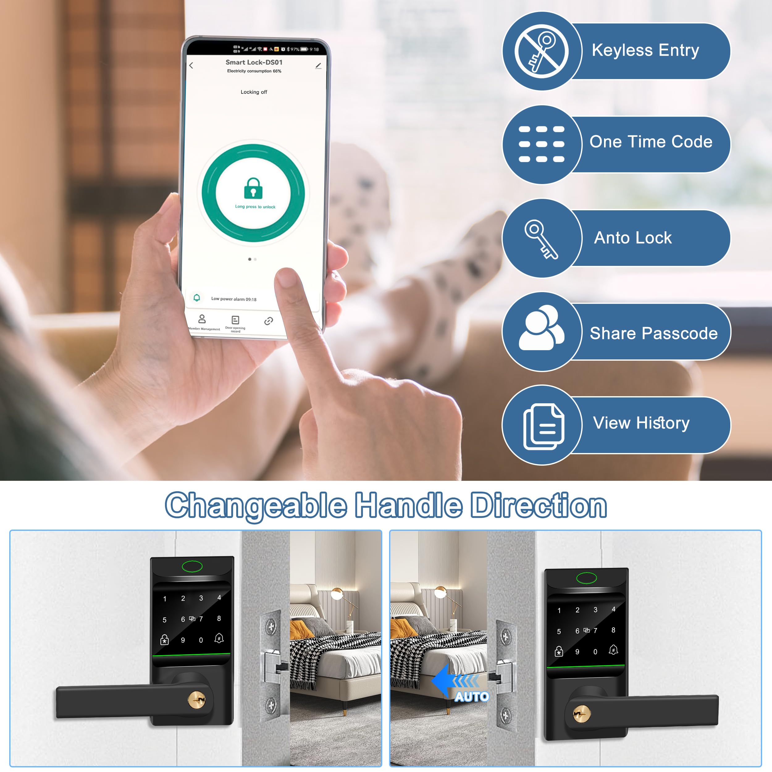 Serrure de porte automatique à entrée sans clé, serrure intelligente avec bouton de porte, empreinte digitale biométrique, code de passe, clavier électronique, contrôle par application pour jardin