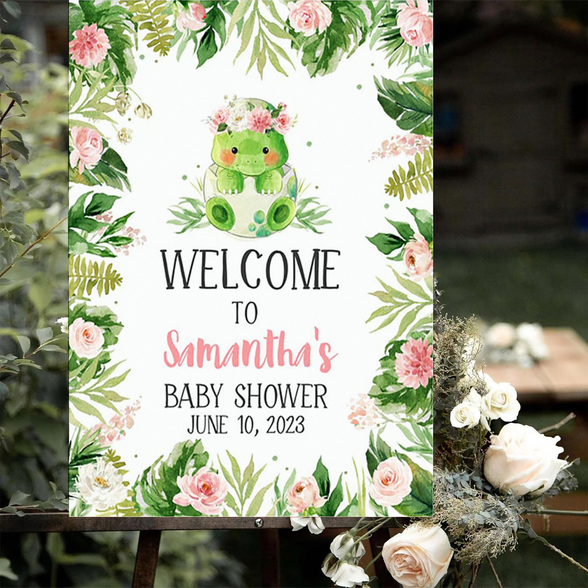 Girl Dinosaur Baby Shower Welcome Sign, Pink Floral Dino Baby Shower Welcome Poster, Greenery Cute Dinosaurs Baby Shower Sign
