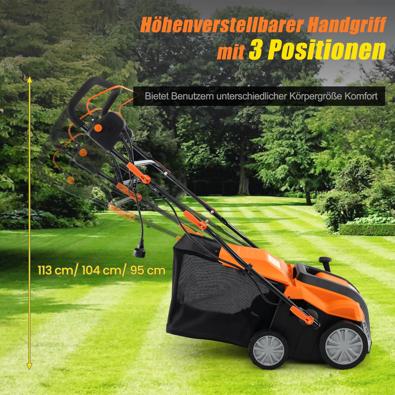 COSTWAY Elektryczny wertykulator 2 w 1, 41 cm, 15 A, 3 poziomy regulacji wysokości, 5-stopniowa głębokość robocza, składany wentylator do trawnika GEH, 55 l