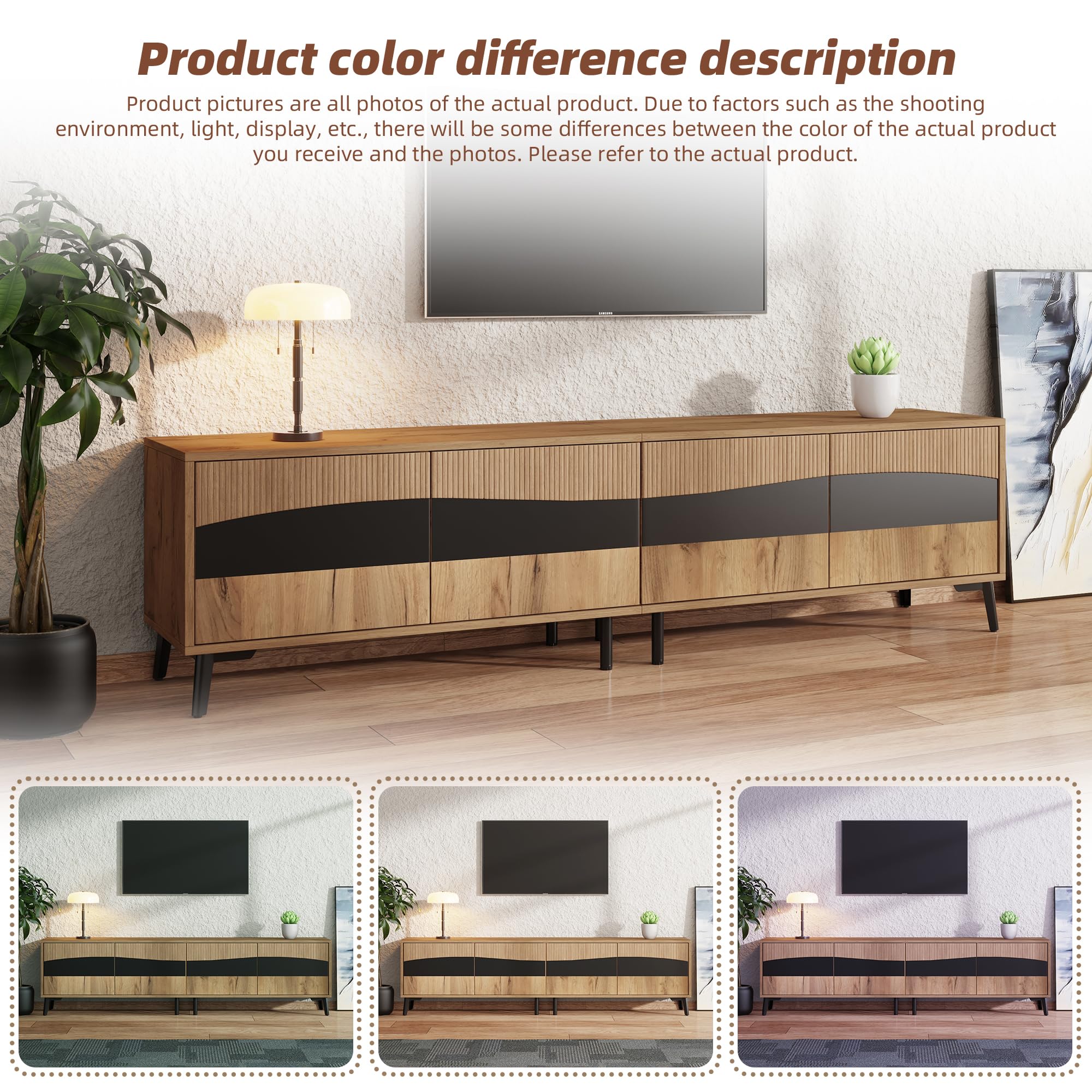 Mueble para televisión, 180 x 40 x 50 cm, color madera + soporte para TV de empalme negro, armario de TV con 4 armarios, armario de salón con 8 patas de apoyo, capacidad de carga recomendada 30