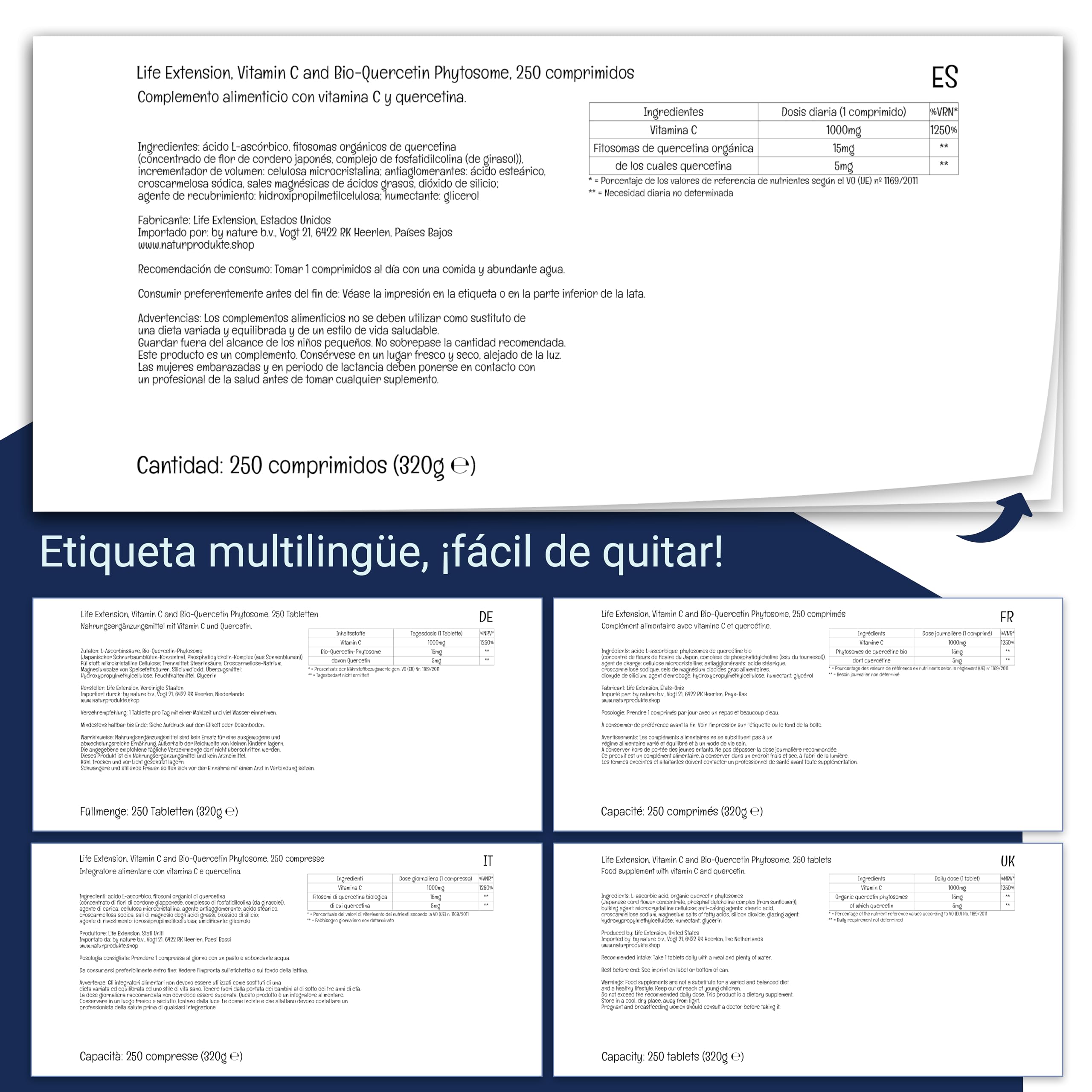 Life Extension, Vitamina C y Fitosoma de Quercetina Orgánica, 1000mg/15mg, Altamente Dosificado, 250 Comprimidos veganos, Probado en Laboratorio, Sin Gluten, Vegetariano, Sin Soja, No GMO