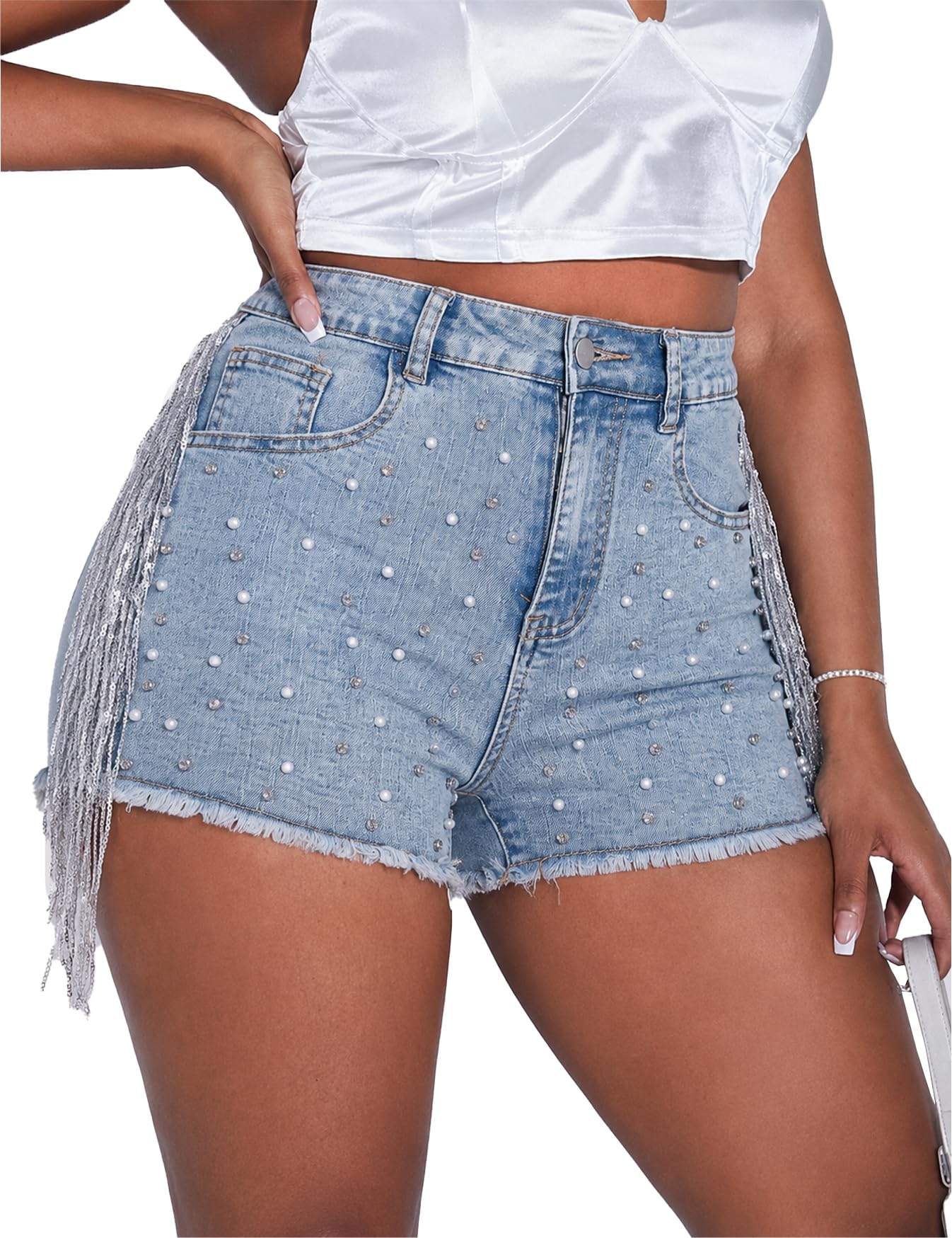Cyparel High Waisted Rhinestone Fringe Shorts