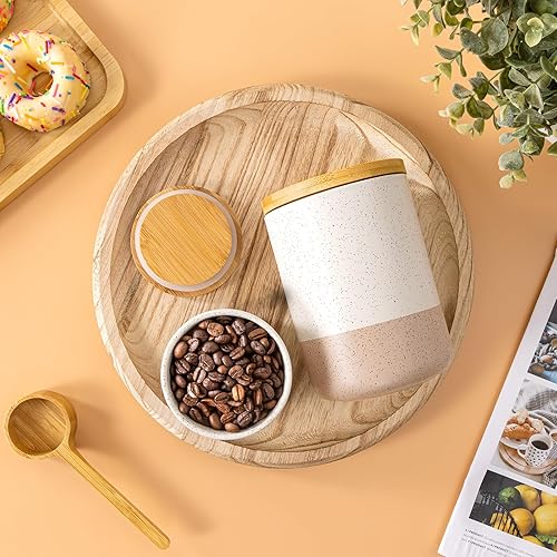 Miniatura 6 de Yangbaga Juego de 4 recipientes de cerámica para encimera de cocina, tarros de almacenamiento de alimentos con tapas de madera herméticas, cucharas