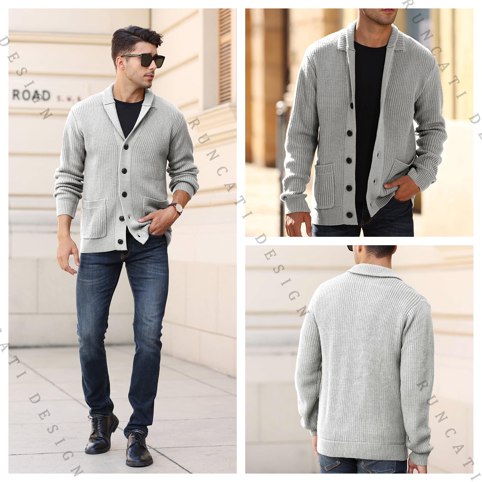 Runcati Strickjacke Herren Grobstrick Cardigan Lässig Schalkragen Langarm Knopfleiste Strickpullover Tops