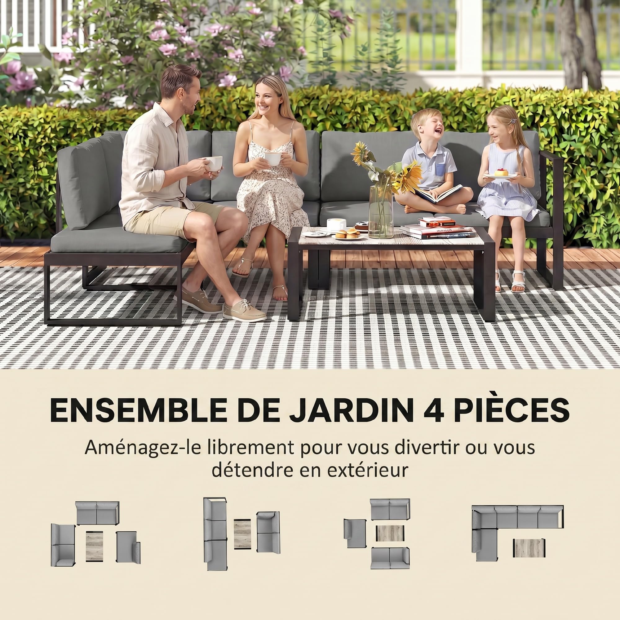 Outsunny Salon de Jardin Extérieur d'angle Modulable 5 Personnes Gris