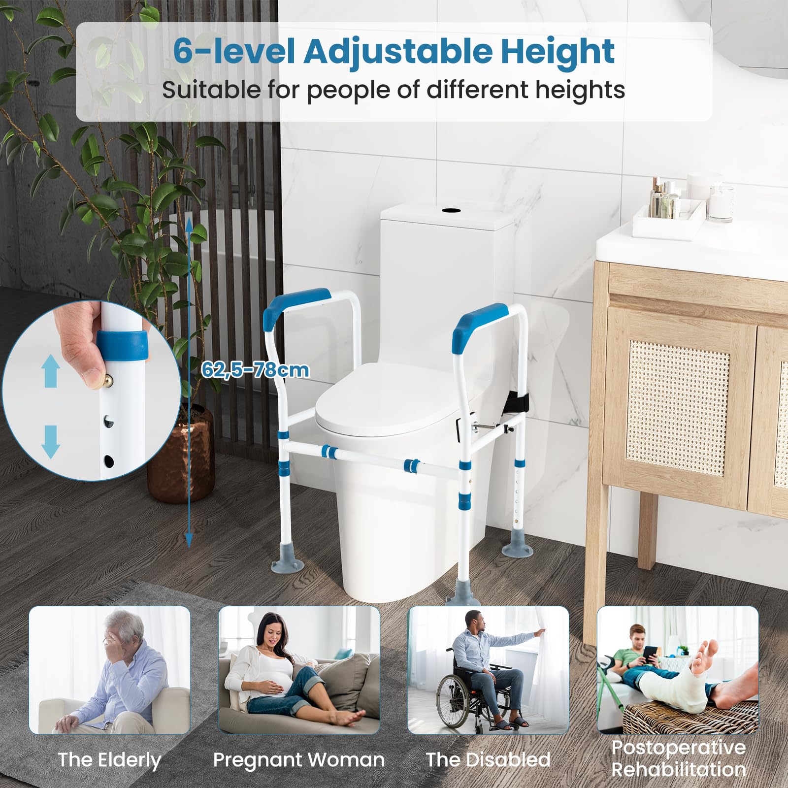 HOMASIS Rialzo WC per Anziani Regolabile in Altezza a 6 Posizioni, Maniglione Bagno Disabili con Piedini Antiscivolo, Alzawater per Anziani e Disabili, Fino a 136 kg, 68 x 49,5 x 78 cm (Blu)