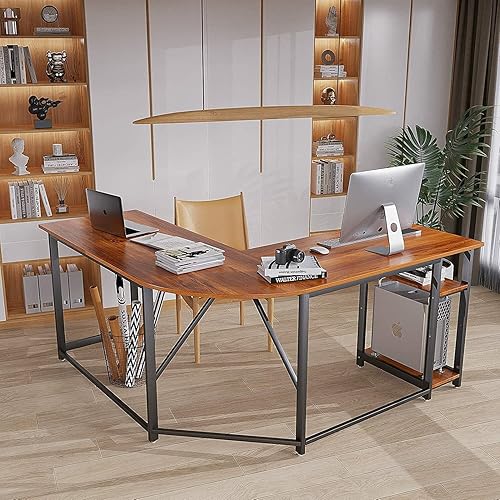 Miniatura 2 de Saranya 18 Shop - Escritorio de computadora en forma de L de nogal grande moderno y moderno, estación de trabajo para oficina en casa, mesa para