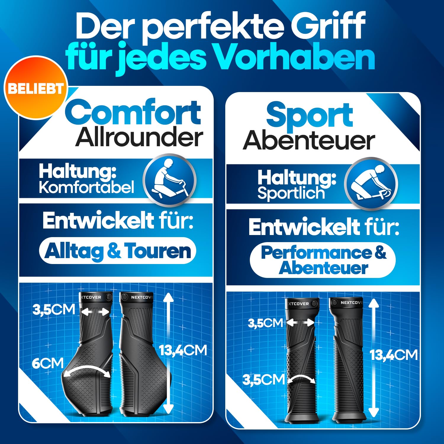 NEXTCOVER® Fahrradgriffe ergonomisch mit [Comfort-Grip-Technologie] I Universal Fahrrad- & MTB Griffe I Griffe Fahrrad I Lenkergriffe Fahrrad I Fahrrad Griffe