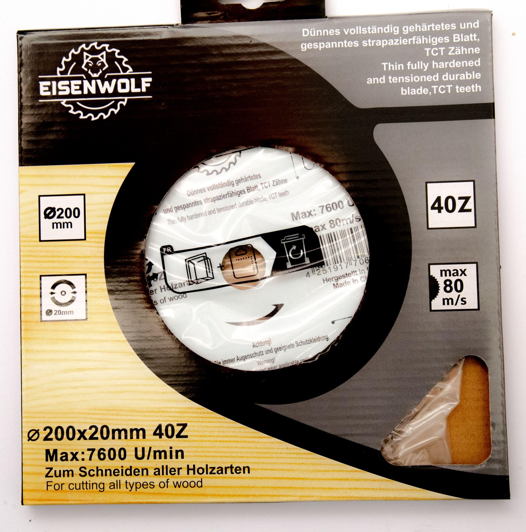 Eisenwolf 200 x 20 mm completamente temprata e tesa, durevole e resistente, lama per sega circolare per legno con 40 denti TCT inclinati e tagli laser per ridurre il rumore