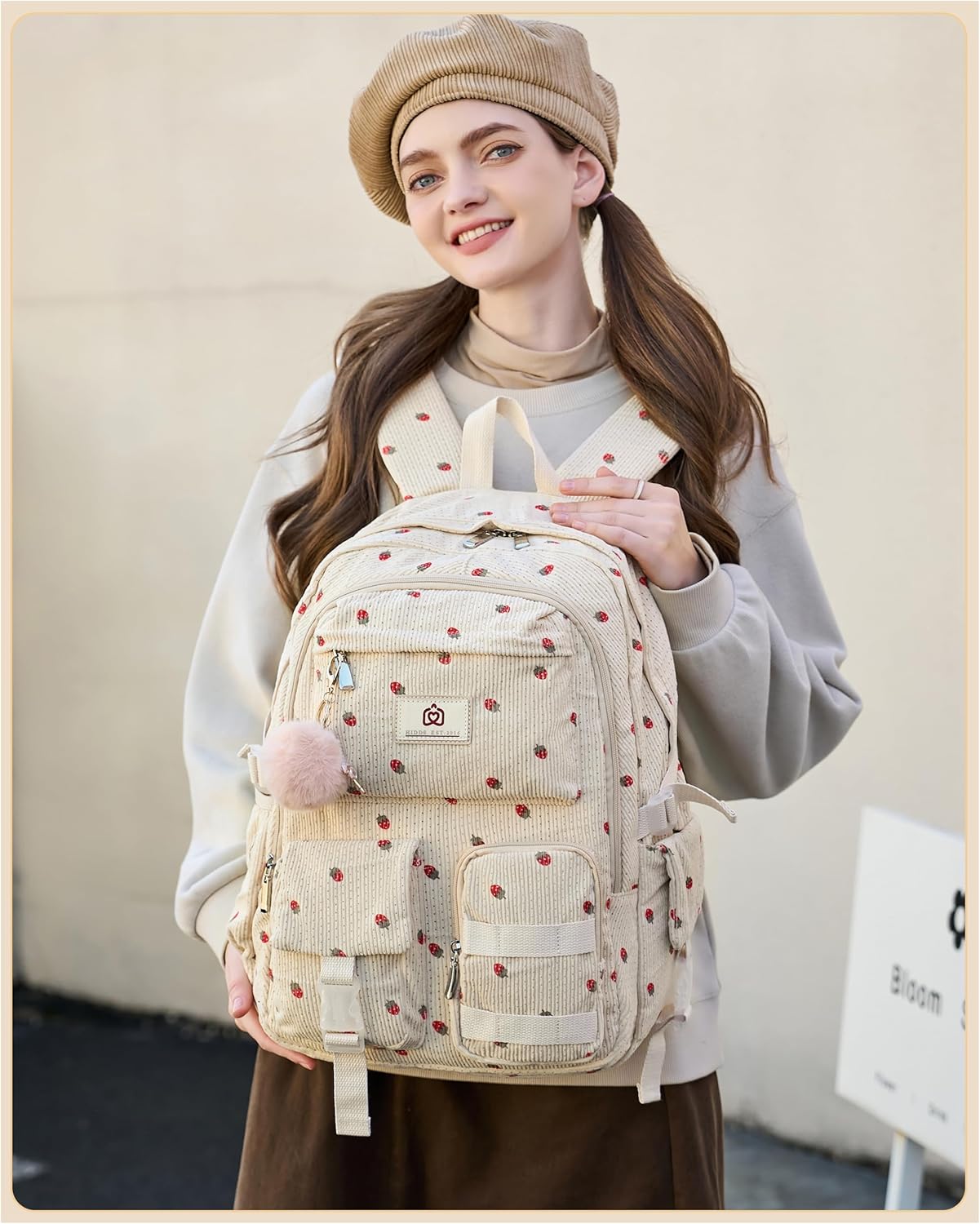 Hidds School Backpack for Teens Girls Women 15.6 Inch Laptop College Backpacks Corduroy Work Bag Kids Elementary Middle High Campus Bookbag Students Pack Travel Daypack Womens - Beige Strawberries - Image 2