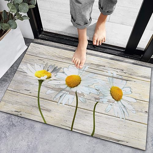 Tapete de bienvenida con diseño de margaritas blancas y flores vintage, de grano de madera, antideslizante, para interiores, alfombra de baño,