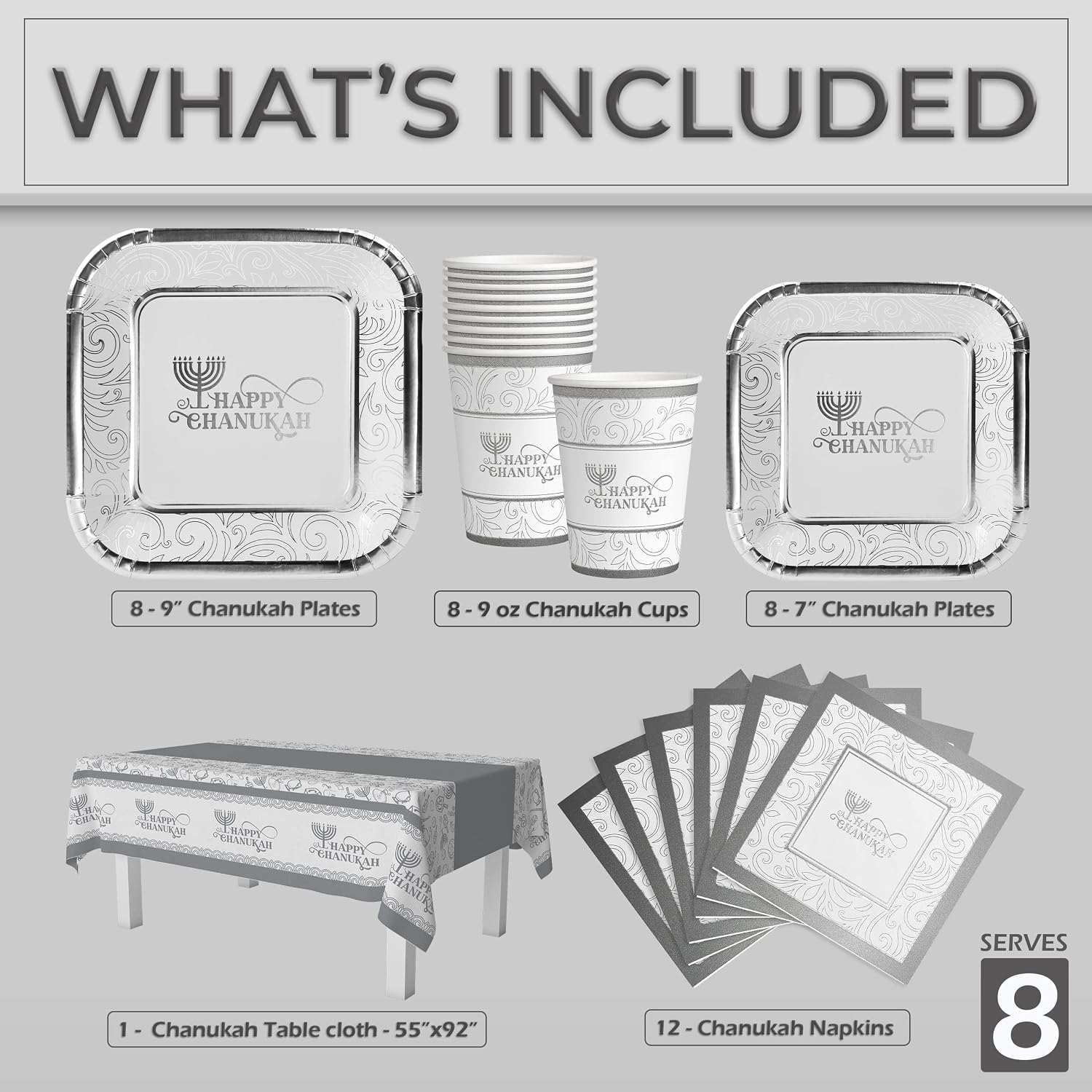 Hanukkah Plates And Napkins Set - Hanukkah Party Set - 7" And 9" Plates, Cups, Napkins and Tablecloth - Serves 8 Silver Foil Chanukah Themed Party Supplies