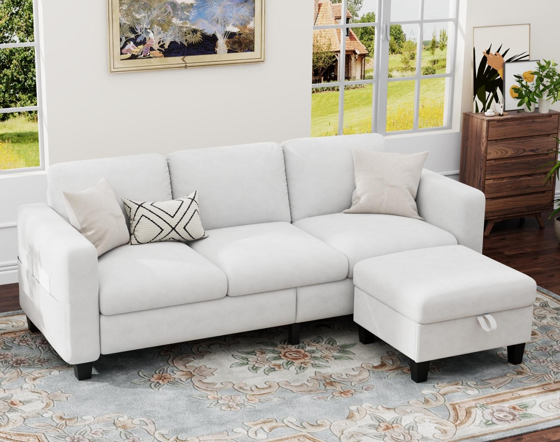 Sectional Couches for Living Room - Convertible L Shaped Couch with Storage Ottoman - Modern Linen White Sofa 3 Seater 78" Furniture Set for Apartment Studio Basement Small Space