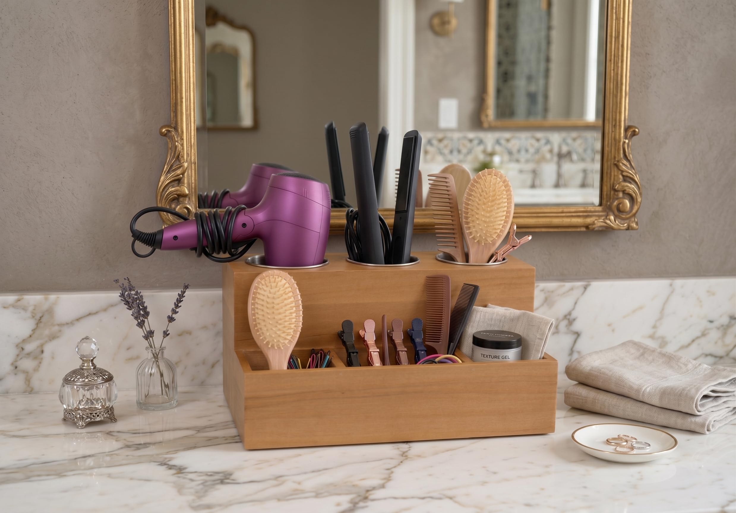 Haartrockner-Organizer für Haare, Haartrockner, Lockenstab, Bürstenhalter, Aufbewahrung für Waschbecken und Badezimmer, Wand- oder Thekenmontage, Massivholz Hellbraun