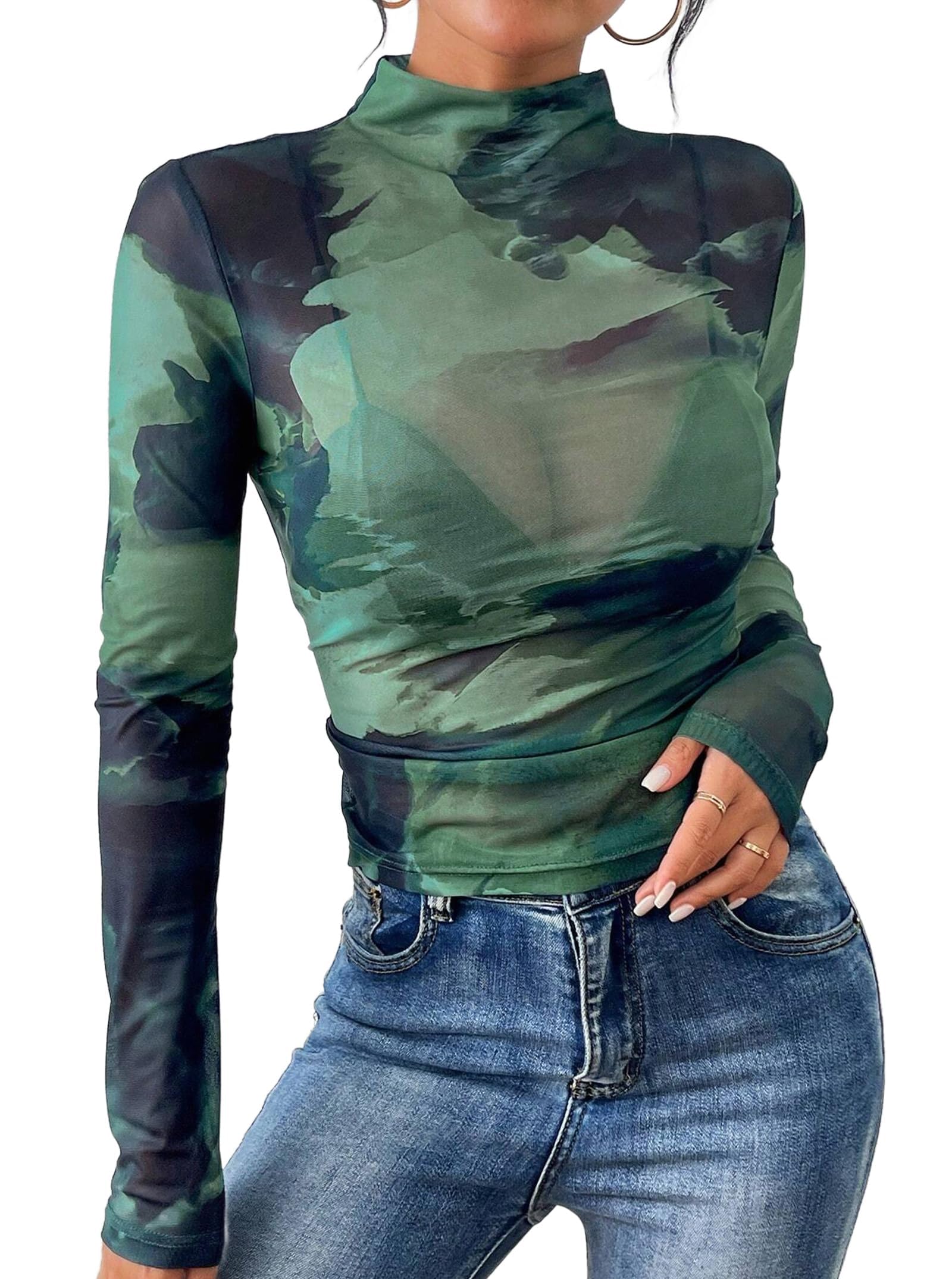 Remidoo Womens Sexy Sheer Mesh Long Sleeve Tops Round Neck Fitted T Shirt