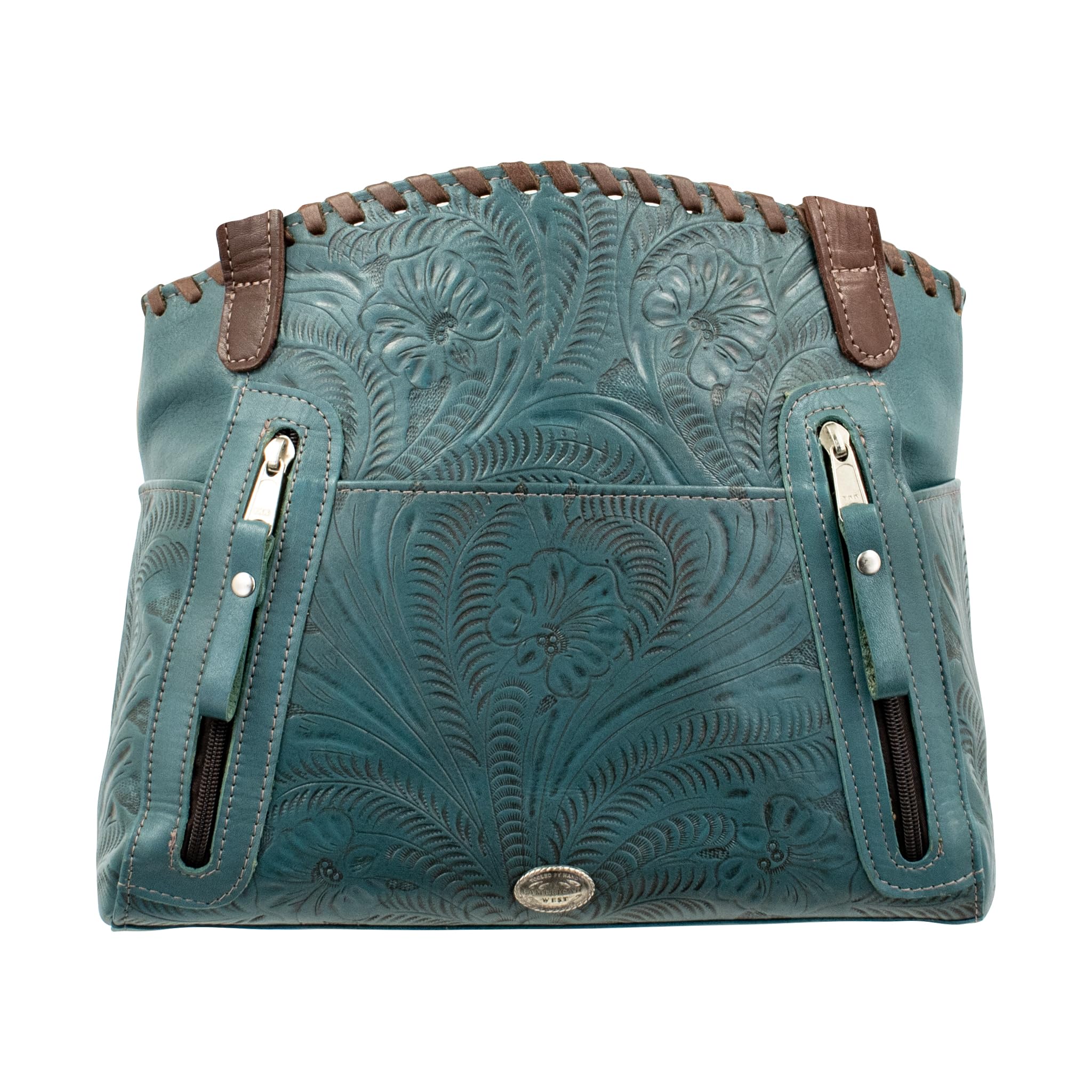 American West Hand Tooled Handcrafted 100% Leather Multi-Compartment Tote | Concealed Carry Pocket on Back | Purse for Women | Conceal Carry: Turquoise