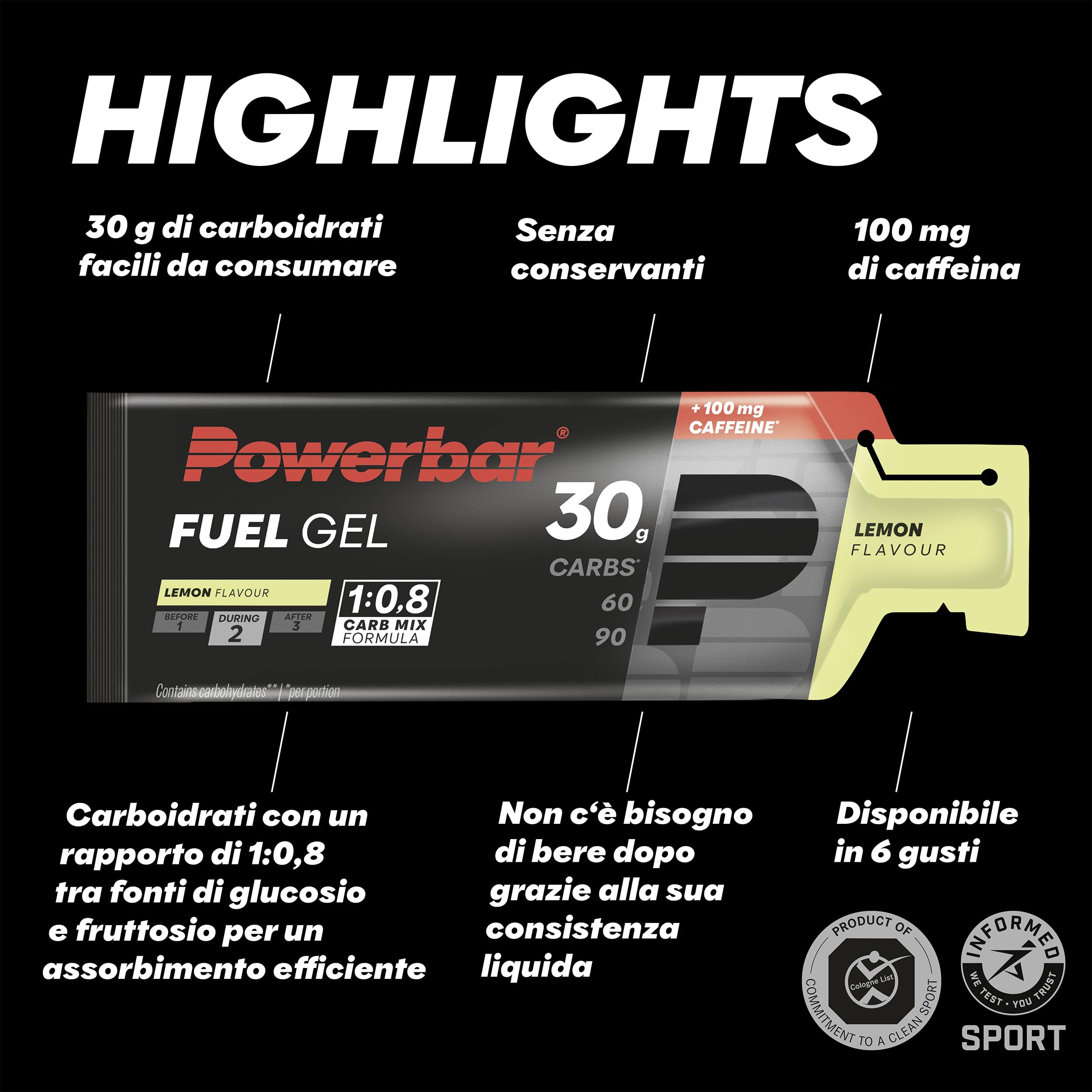 Powerbar - Black Line - Fuel 30 Gel - Lemon - 12x50ml - Gel energetico ad alto contenuto di carboidrati - 100mg di caffeina