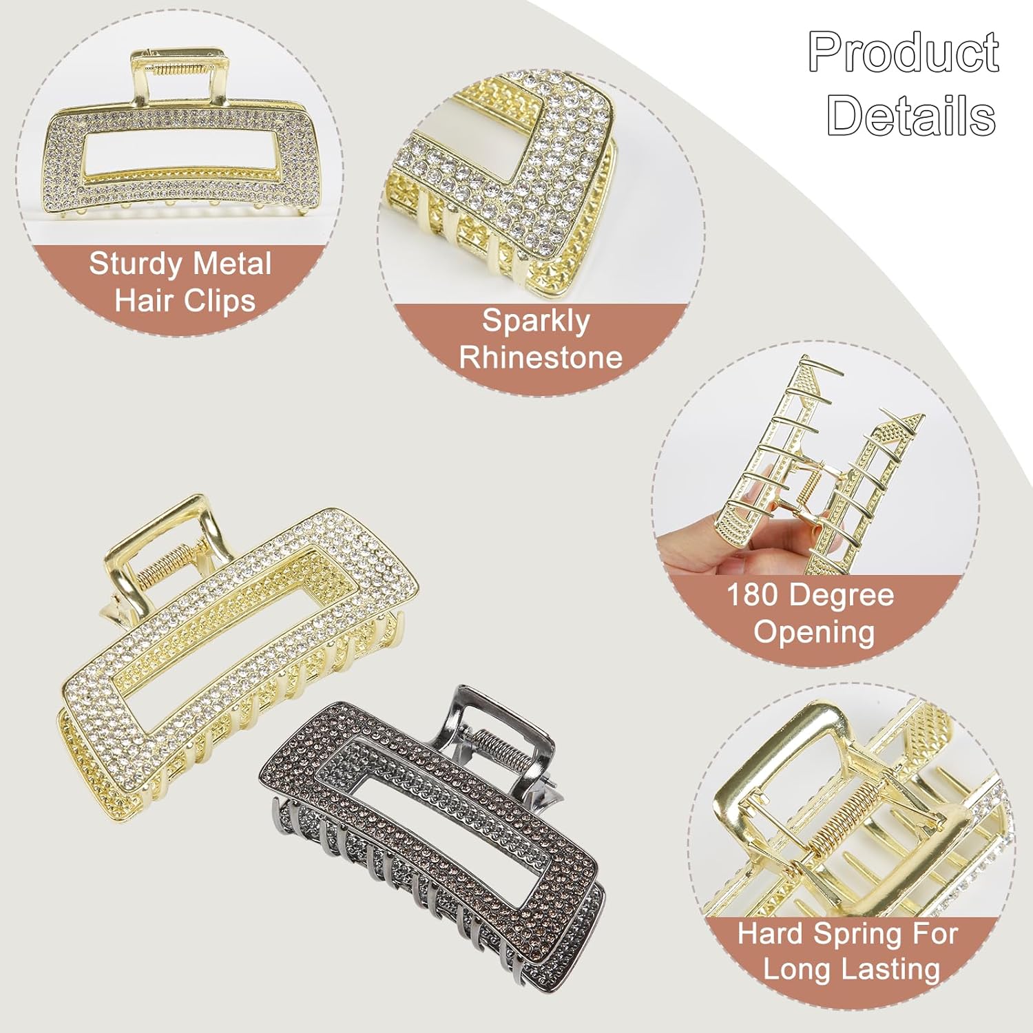 2 Pcs Rhinestone Hair Claw for Women, Gorgeous Rectangle Metal Hair Clips Accessories, Strong Hold Hair Claws Clips for Thick and Thin Hair - Image 3