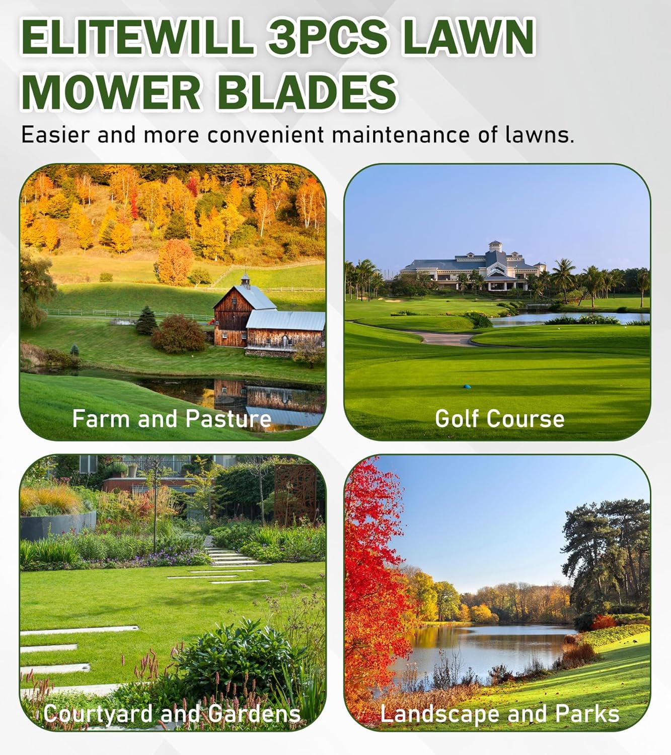 ELITEWILL 3 Mower Blade Mulching Blades Set Fit for 54 in John Deere M143520, M145516, M152726, Lawn Mower Parts, Black