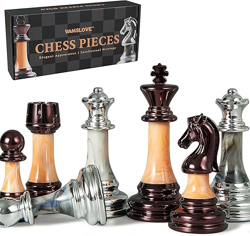 Vamslove Piezas de ajedrez acrílicas pesadas solo con base de cuero, tamaño King de 3.5 pulgadas con ranuras de almacenamiento, 2 reinas