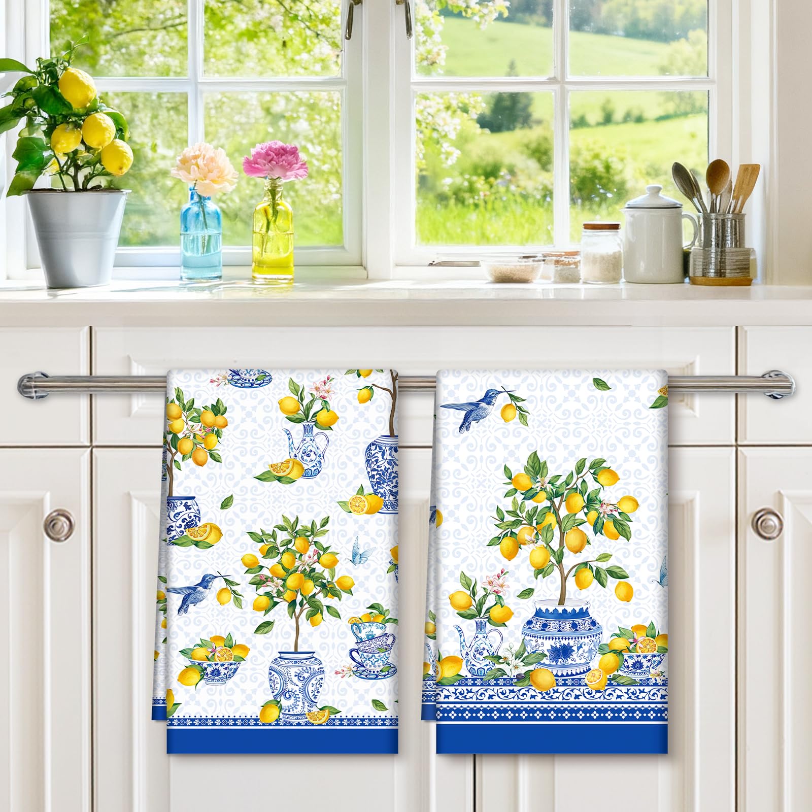 Set 2 Strofinacci Cucina, Limone Estate Chinoiserie 100% Cotone Canovacci Senza Pelucchi Asciugamani Durevole Riutilizzabili Panni Cucina Decorazione Botanica Regali di Vacanza 48 cm x 70 cm