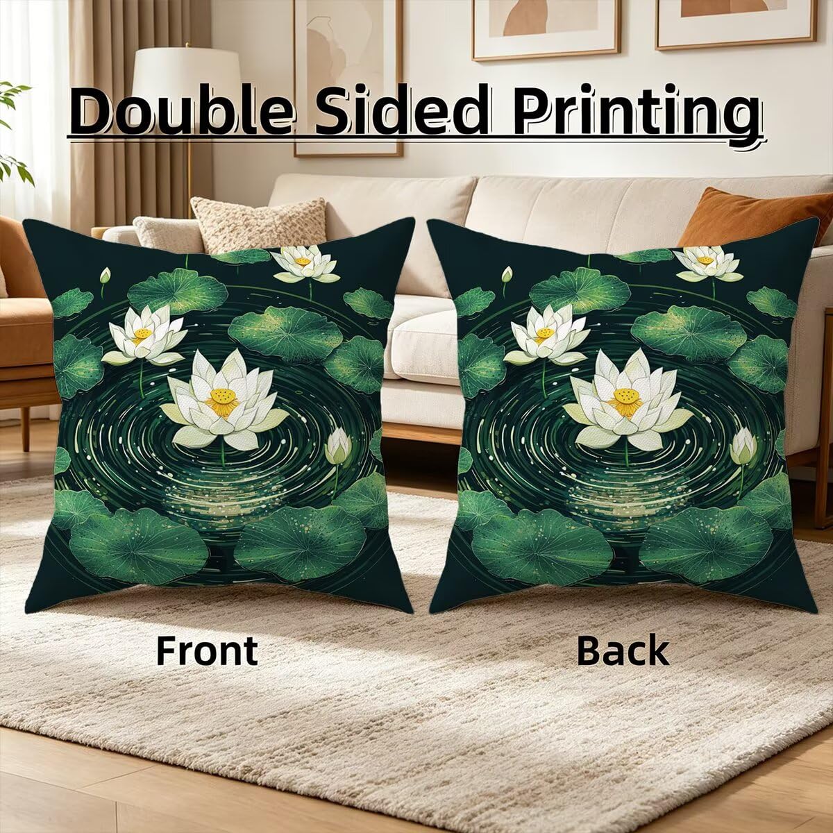 Federe Cuscino Divano 60x60 cm, Verdi Cuscini per Divano da Esterno Set da 4, Lino Copricuscini Divanos Impermeabile, Copri Cuscini Fiore Motivo Fronte Retro Stampato per Giardino, Sofá, Balcón, F-53