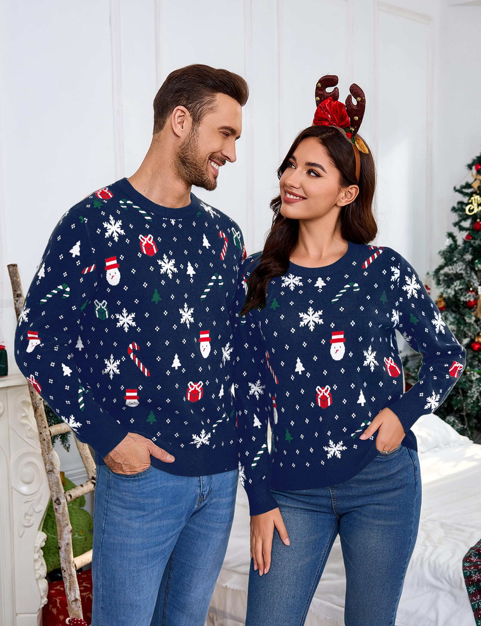 Aottori Jersey Navidad Mujer Hombre Manga Larga Cuello Redondo Reno y Nieve | Para Invierno, Diseño Pullover, para Fiestas Navideñas, Ideal para Capas, Fácil de Combinar