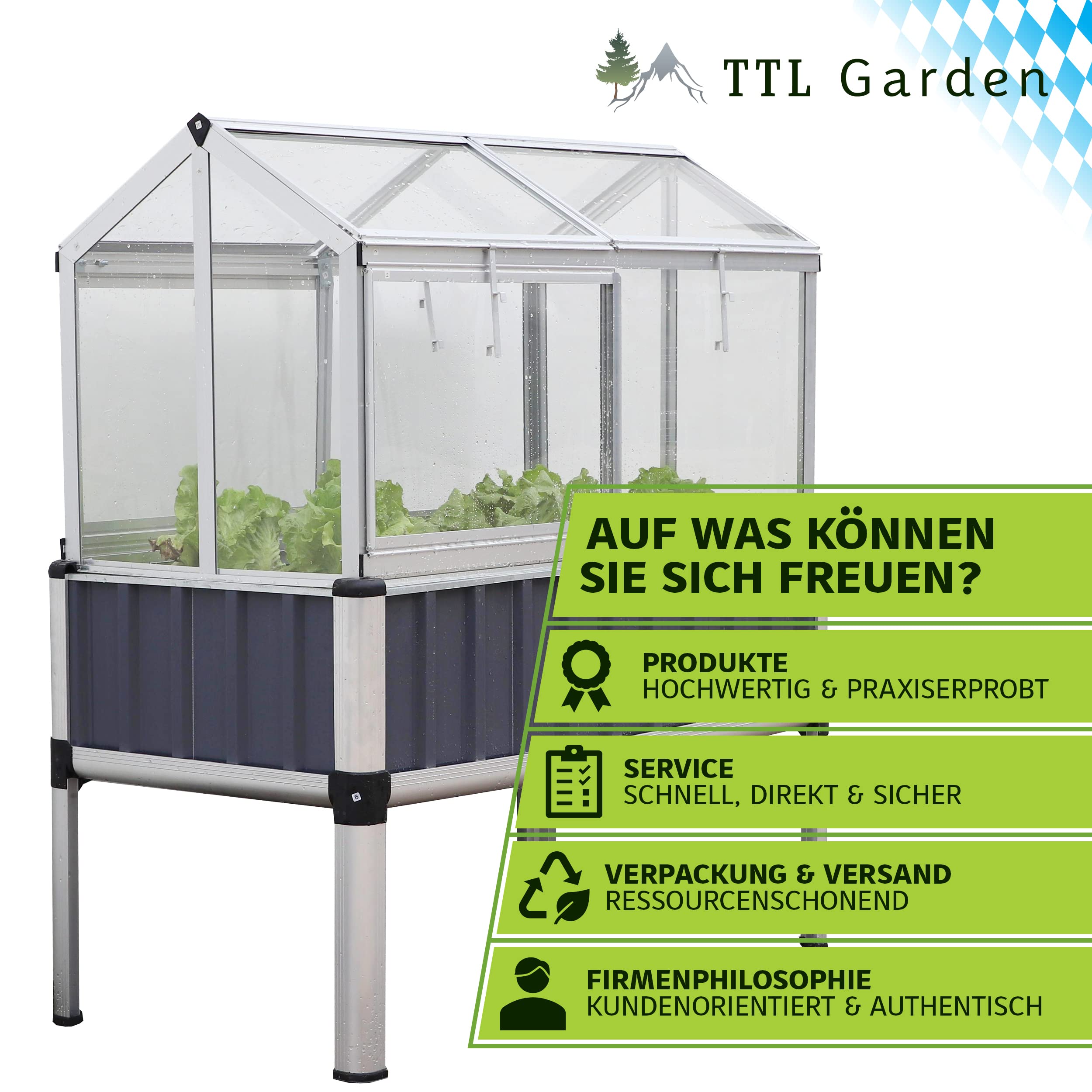 TTL GARDEN Hochbeet 128x114x60cm Superior Plus mit Frühbeet Aufsatz - Alu | großes hochwertiges Aluminium Hochbeet mit Gewächshaus Abdeckung mehrteilige Türen & Dach aus durchsichtigem Polycarbonat