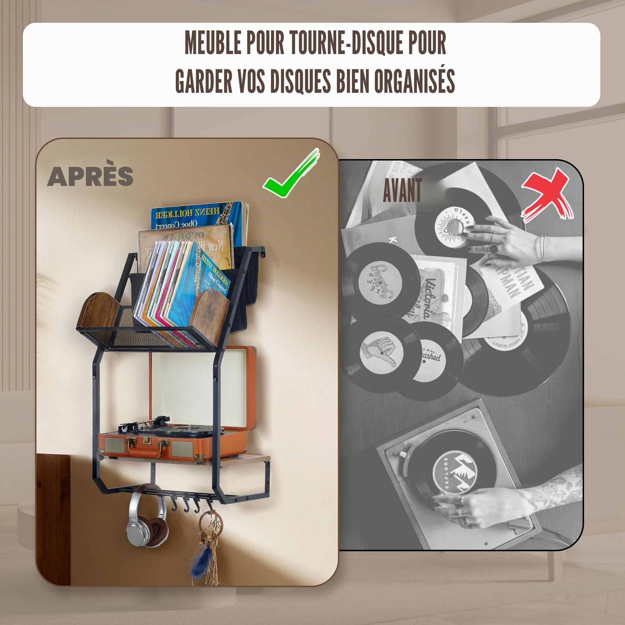 Plateau tournant moderne du milieu du siècle avec rangement en vinyle, support de tourne-disque, étagère de table pour albums, noir