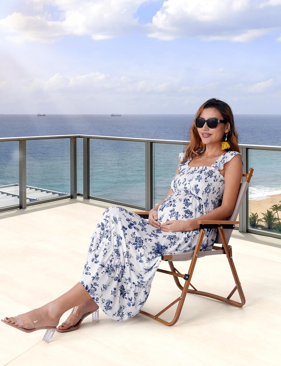 SUNNYBUY Summer Maternity Maxi Dress, Floral Pregnancy Dress with Smocked Bodice Ruffle Sleeves for Casual & Vacation - Image 4