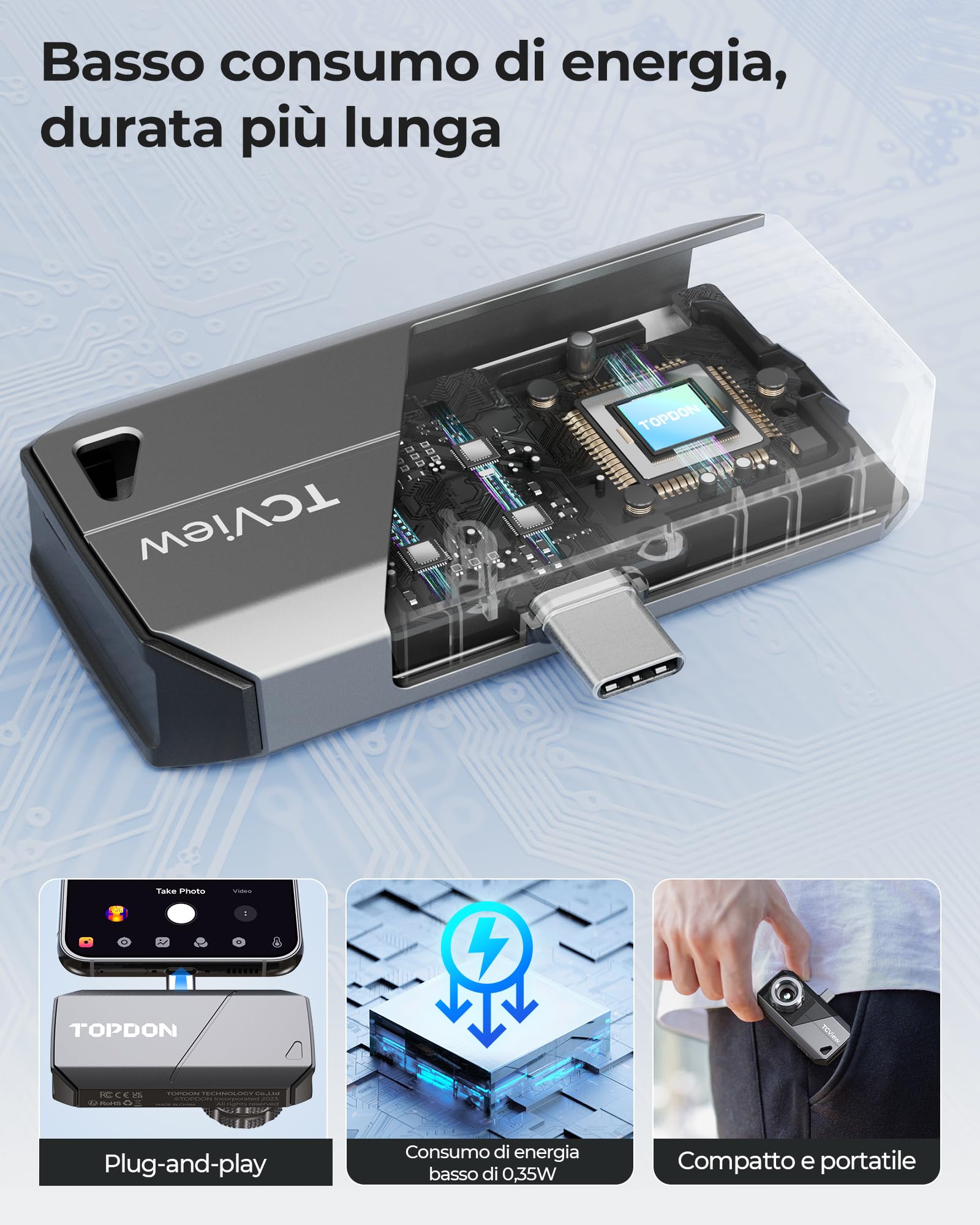 TOPDON Termocamera TS001 per Android, lente regolabile da 9mm, campo di osservazione da 0,1 a 500 metri, 512 x 384 IR, 25Hz, Termocamera con messa a fuoco manuale per applicazioni elettriche, esterni