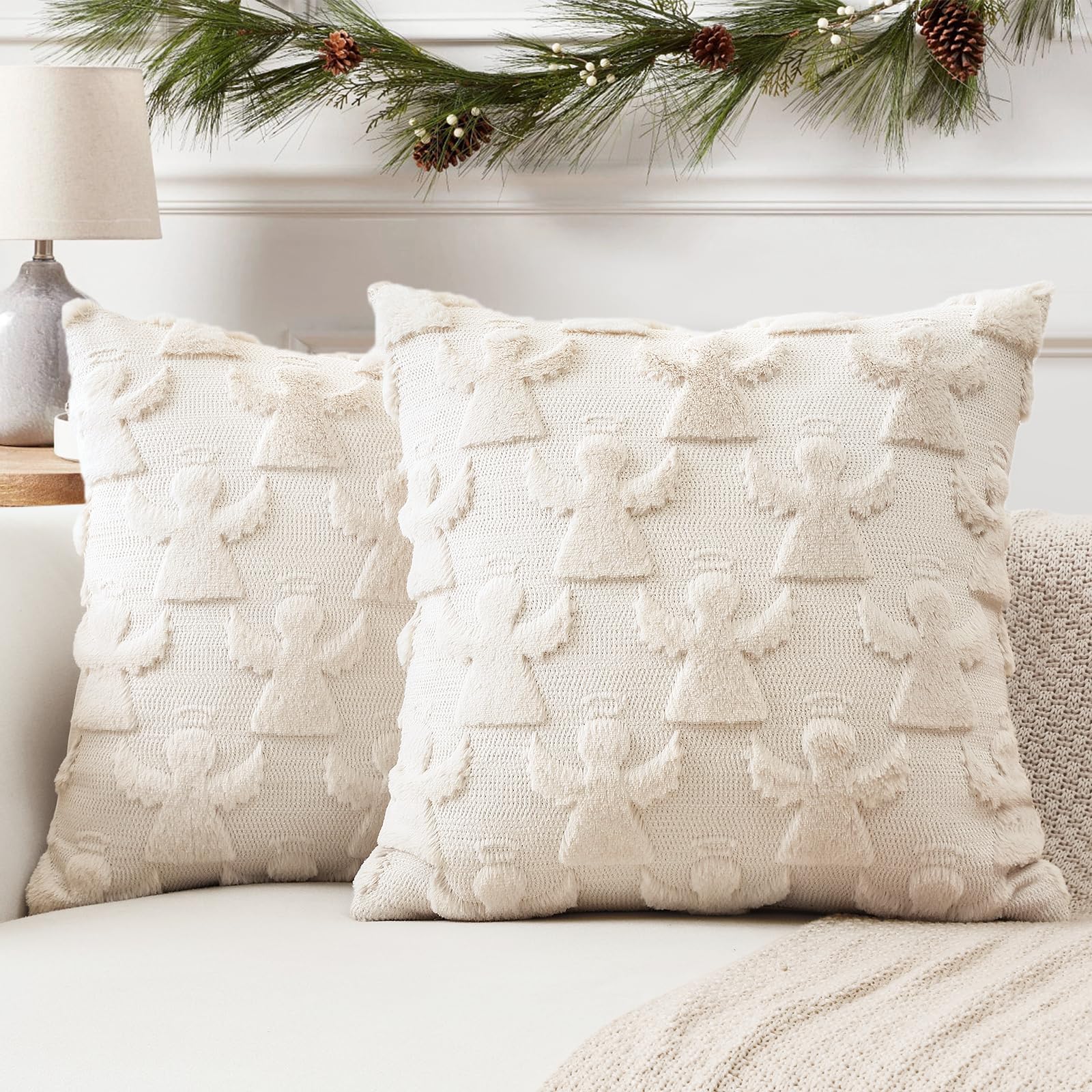 Artscope Set of 2 Xmas Soft Plush Short Wool Velvet Decorative Cushion Covers 55x55cm Square Luxury Style Throw Pillow Covers Pillow Shell for Sofa Bedroom Angel Cream Beige