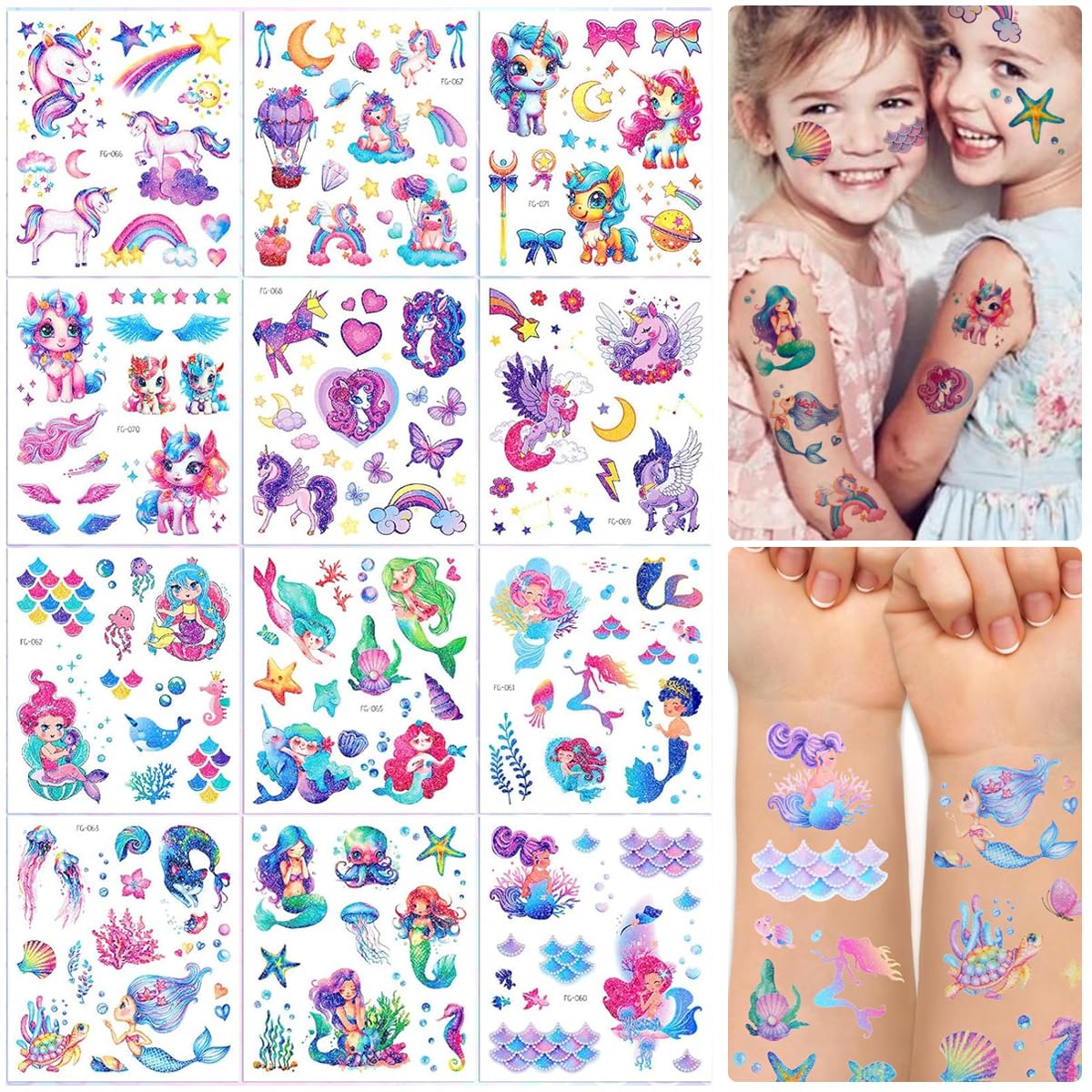 MAYCREATE® 12 Sheet Glitter Temporary Tattoo Stickers for Girls Mix Cartoon Mermaid Unicorn Tattoo Stickers Waterproof Face Makeup Stickers Temporary Tattoo Stickers for Party