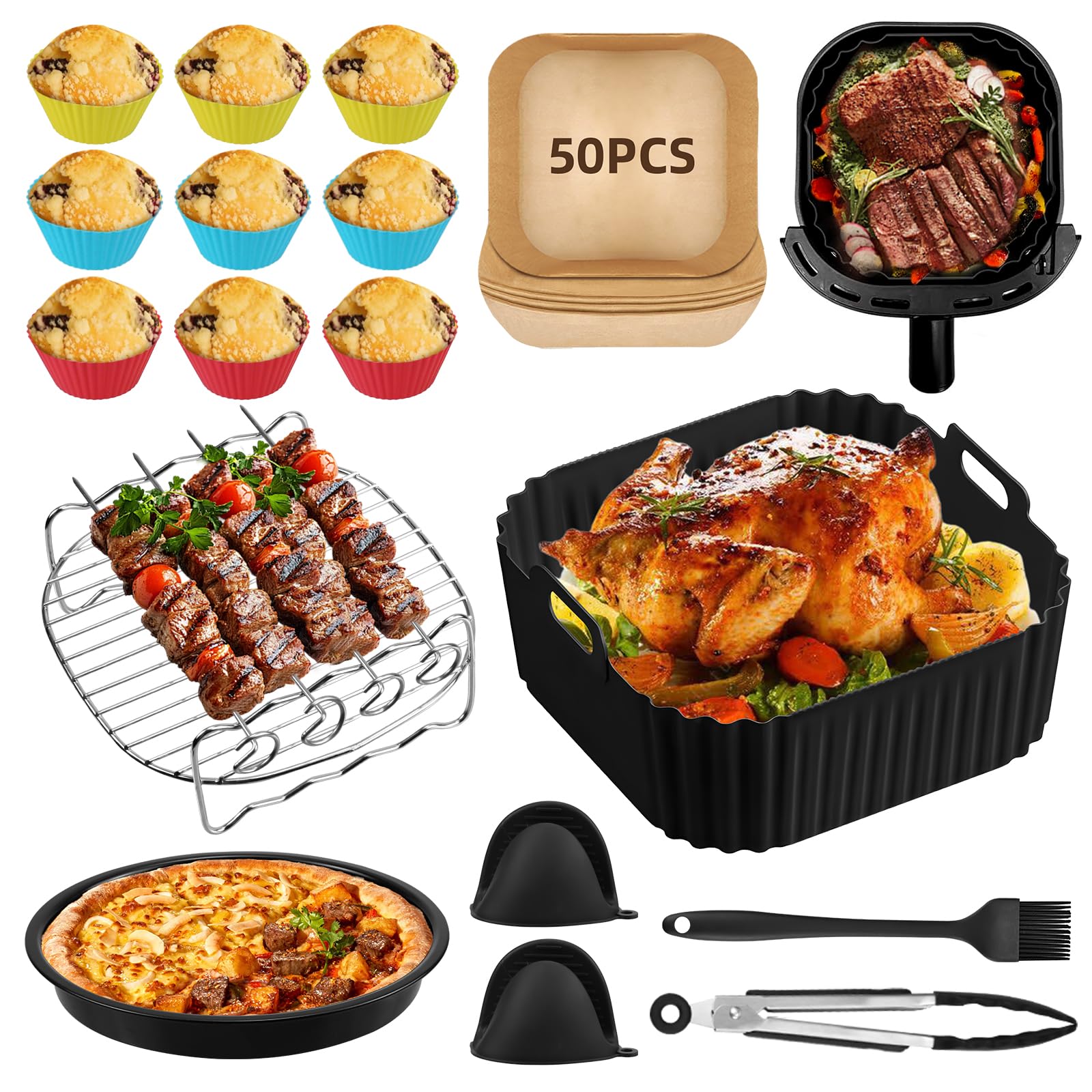 12 Accesorios Airfryer,Sin BPA,Molde Silicona Freidora de Aire para Philips Airfryer 2000/3000/5000 Series 6.2L,Ninja PRO, Cosori Airfrye 6L (Incluir 50Pcs Papel Freidora Aire)