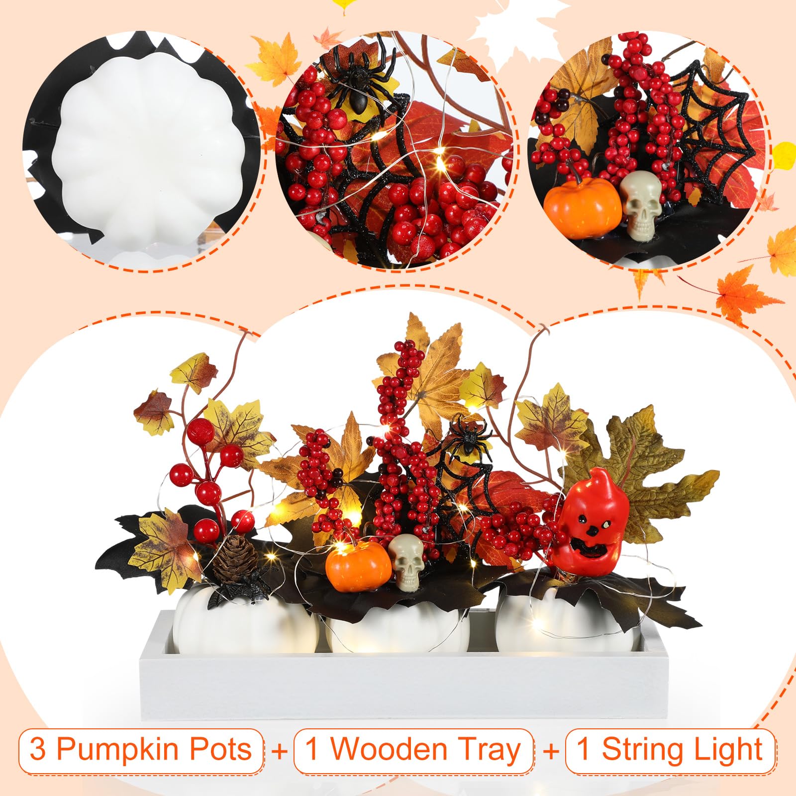 Yalikop Juego de 4 centros de mesa de calabaza de otoño con mini bandeja de madera y luz LED para cosecha, decoración del hogar, cocina, fiesta de Acción de Gracias, centro de mesa (blanco)