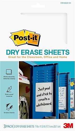 Post-it Hojas de borrado en seco, 7 x 11.3 pulgadas, se pegan de forma segura y se quitan limpiamente (paquete de 3) (paquete de 8, 24 unidades)