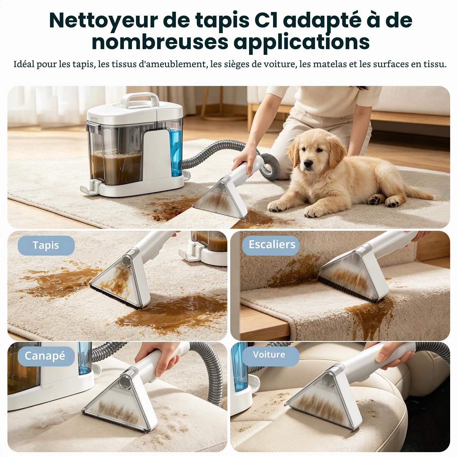 C1 600W Shampouineuse Canapé avec Fonction Autonettoyante, Aspiration 17kPa, Poils d’Animaux, Nettoyeur Tapis, Matelas, Voiture, Réservoir Double Blanc