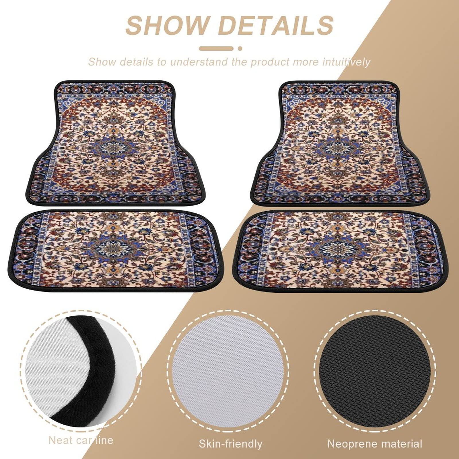 Antique Persian Pattern, Blue Oriental 4 Pieces Car Floor Mats Car Carpets Full Sets Universal Fit For SUV, Vans, Sedans, Trucks All Weather Protection Auto Foot Carpet