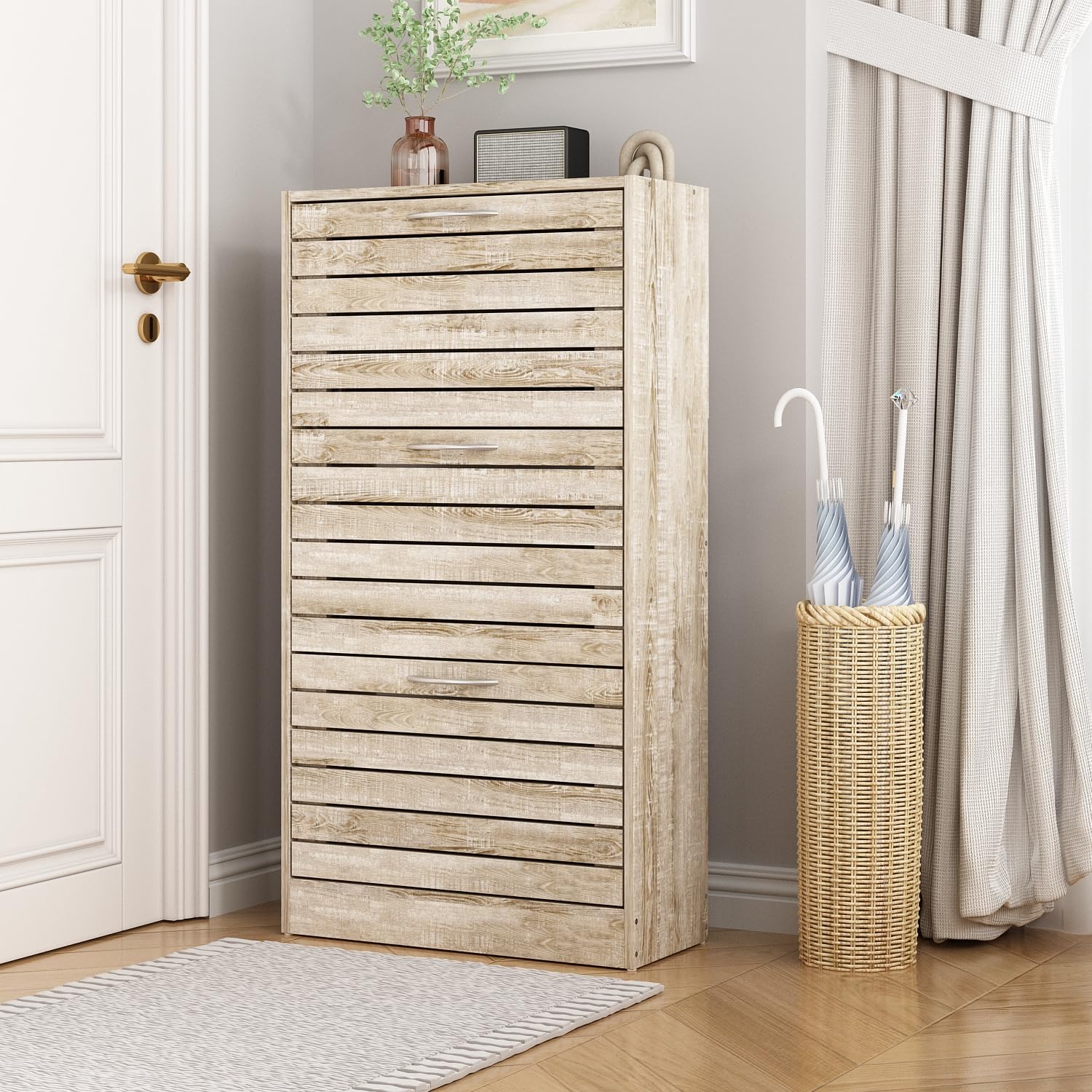 TAMUNE Small Shoe Cabinet with 3 Flip Drawers, Slim Shoe Storage Cabinet Shoe Organizer, Louvered Surface, No Backboard, for Entryway Hallway Light