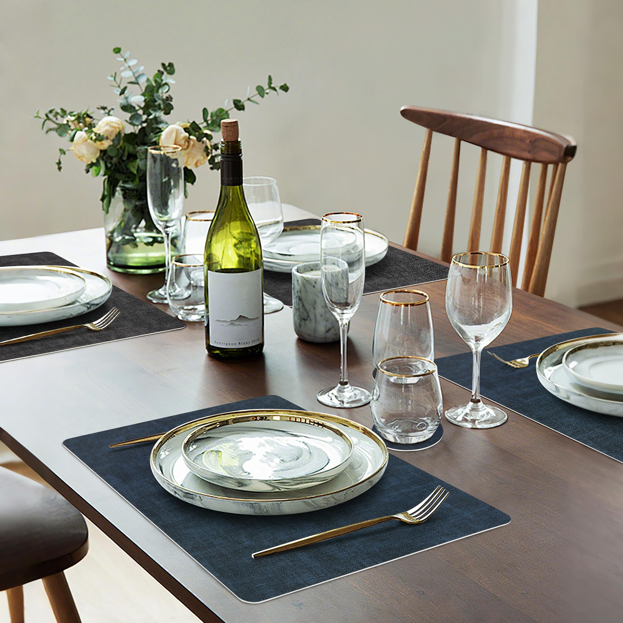 Set di 6 tovagliette quadrate in finta pelle, antiscivolo, resistenti al calore, con sottobicchiere, reversibili, lavabili e impermeabili, per cucina, sala da pranzo, esterni (6, nero, blu navy)