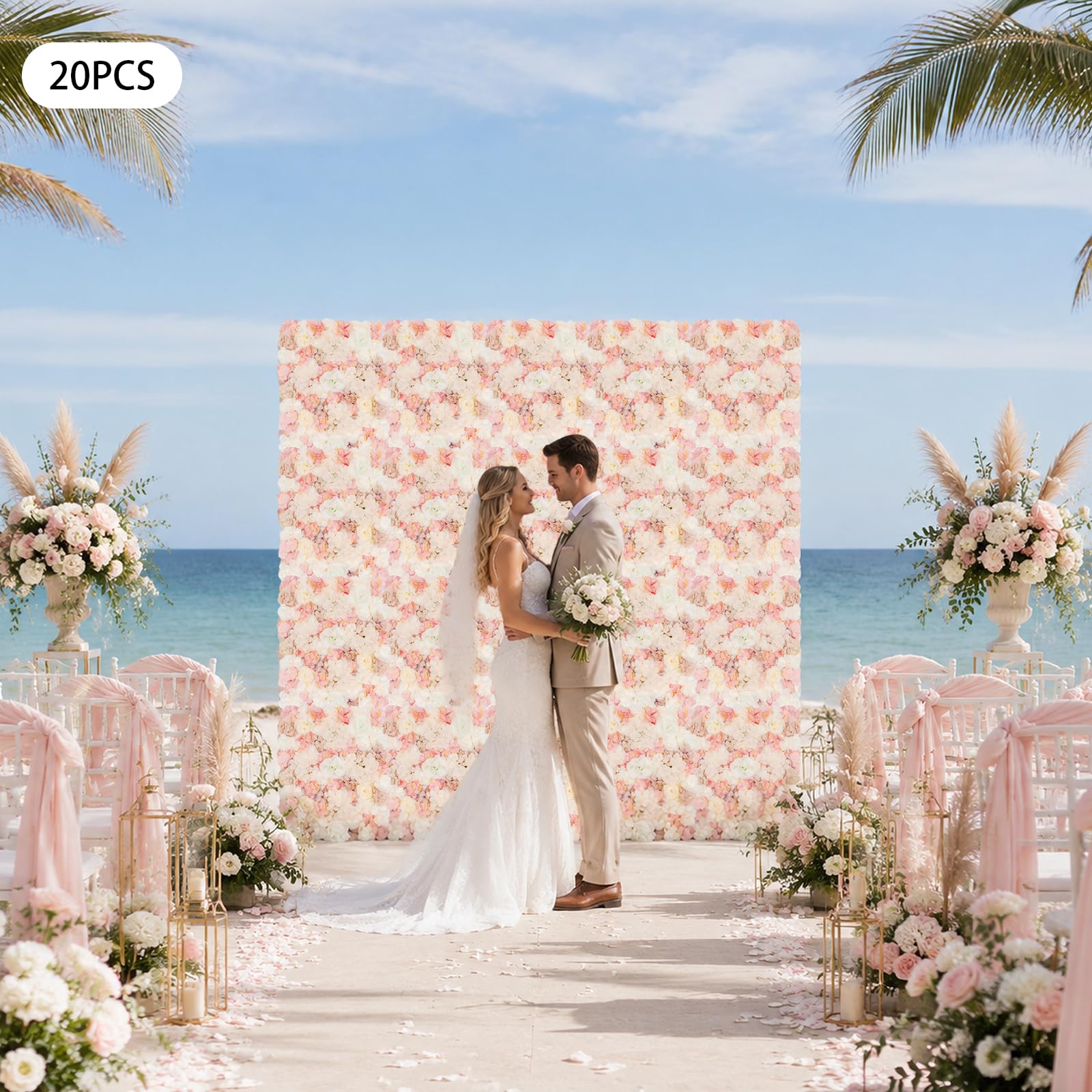 Pannello da parete con fiori artificiali, realizzato a mano, 20 pezzi, 40 cm x 60 cm, colore rosa seta, pannello con rose e piante acquatiche, per matrimoni, baby shower (autunno)