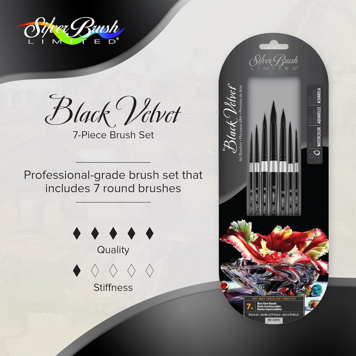 Silver Brush Limited WC-3207s Black Velvet Must-Have Rounds Set, Paintbrushes for Watercolor, Gouache, Inks, & Dyes, Set of 7, Sizes 0, 2, 4, 6, 8, 10, and 12 Round Brushes, Short Handle