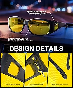 QALLY Night Vision Glasses, Fit Over Glasses Wrap Around HD Night Driving Anti Glare Glasses for Women Men