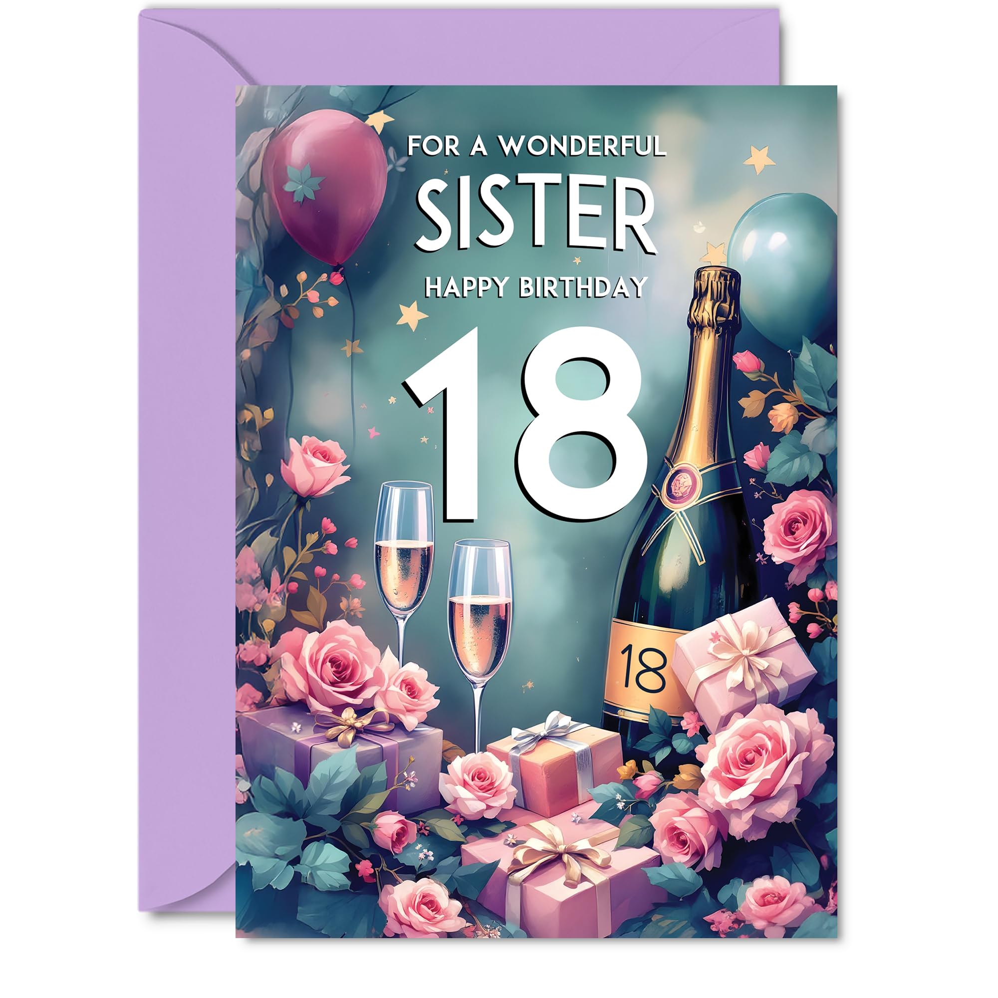 18th Birthday Card Sister, Pink Presents Champagne Bottle