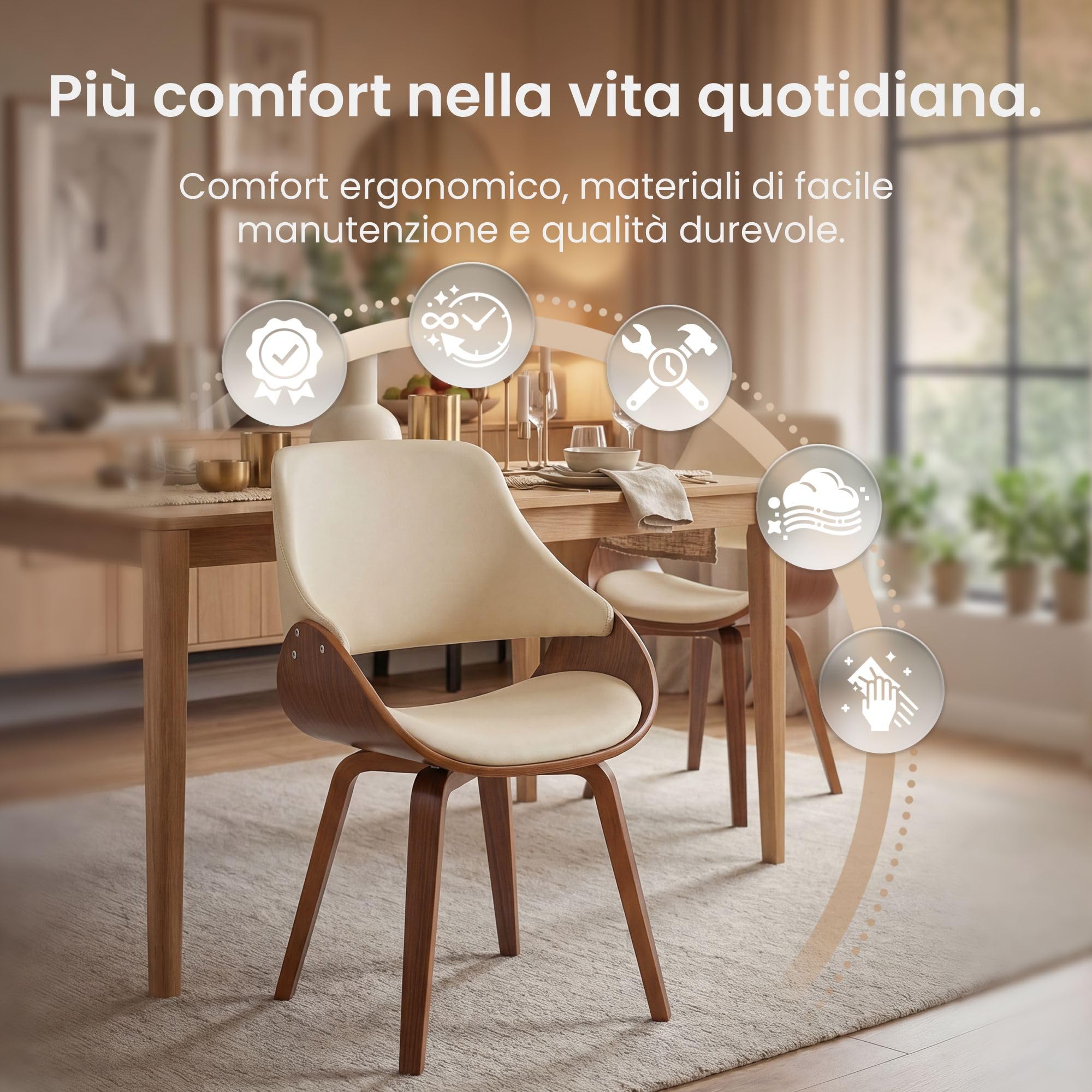 CLP Sedia da Pranzo Imbottita Vangale con Schienale, Sedia di Design Moderna in Legno Curvato per Soggiorno, Colore:noce/crema, Materiale:Ecopelle