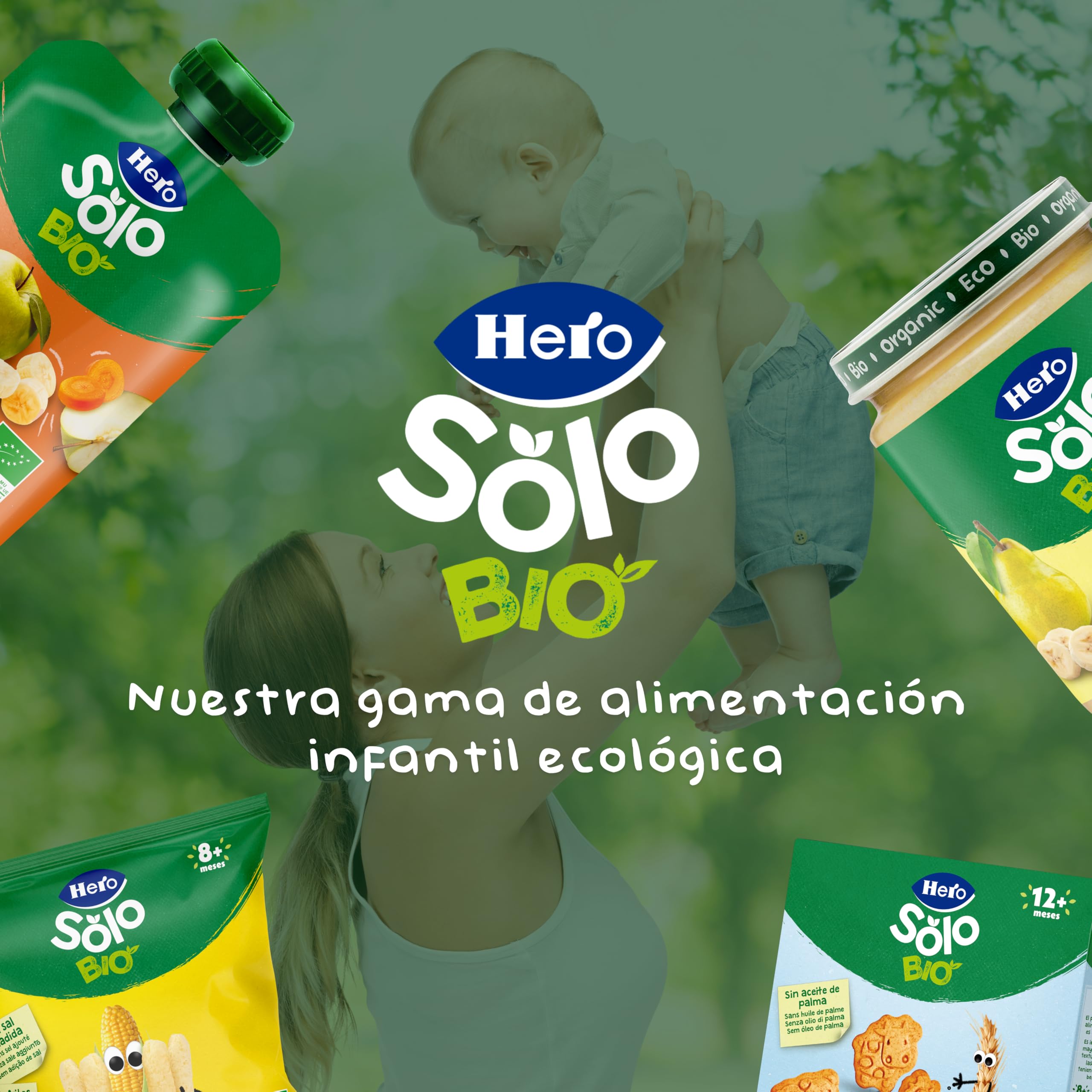 Hero Solo Bio Tarritos de Manzana, Melocotón y Plátano 100% Ecológico, con Ingredientes Naturales para bebés desde los 4 meses - Pack de 12 x 190 g