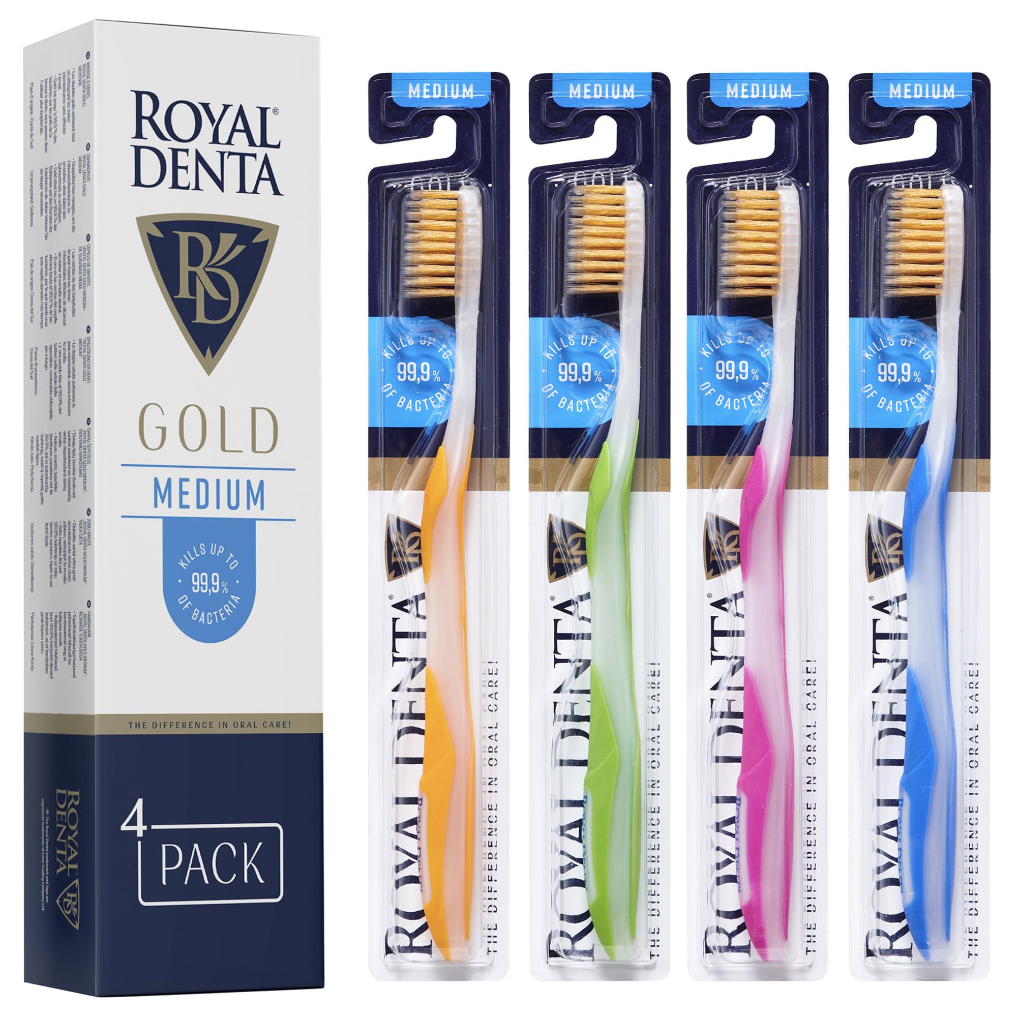 Toothbrush for Adults Multipack, Medium Soft, Gold Infused Dual-Length Bristles Toothbrush Head Perfect as Interdental Brush & Teeth Whitening, Ergonomic Grip Handle for Daily Oral Care